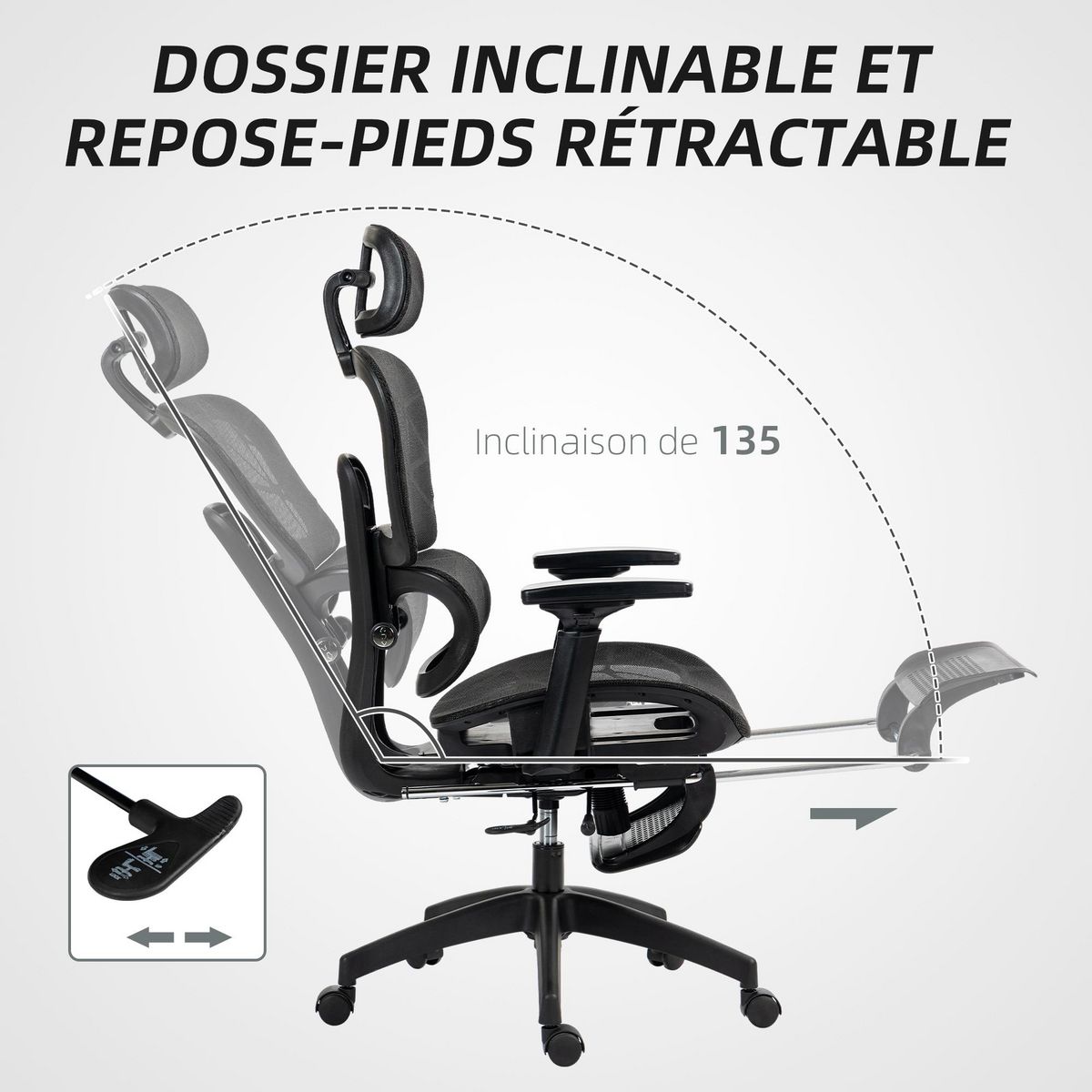 HOMCOM Fauteuil de bureau ergonomique grand confort entièrement réglable tissu maille noir