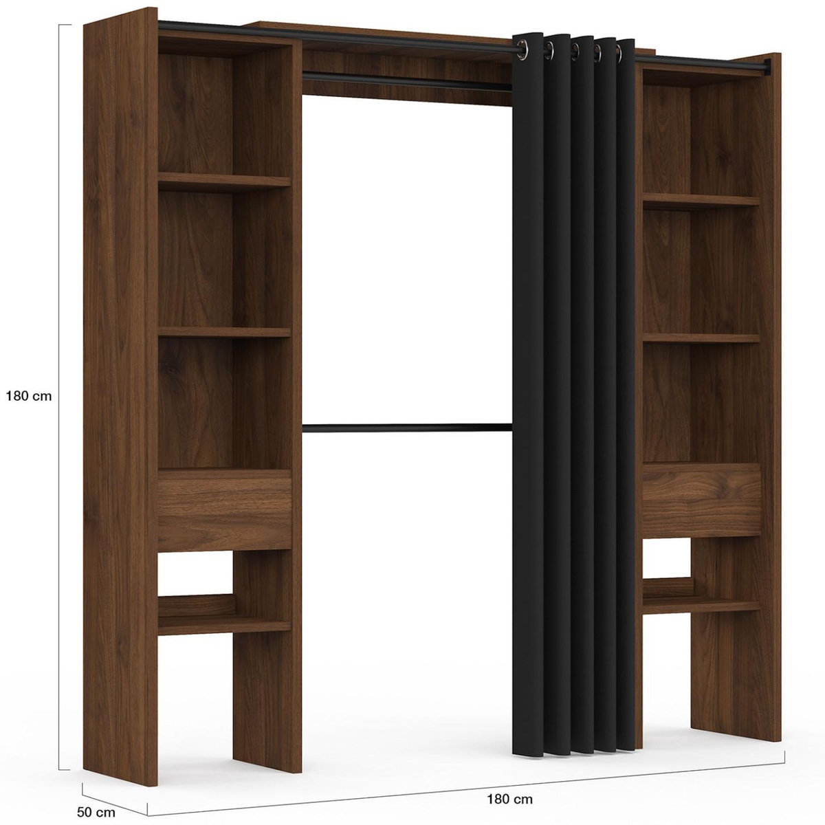 ID MARKET Dressing extensible double MERYL 120/180 x 50 x 180 cm noyer avec étagères + double penderie + rideau noir