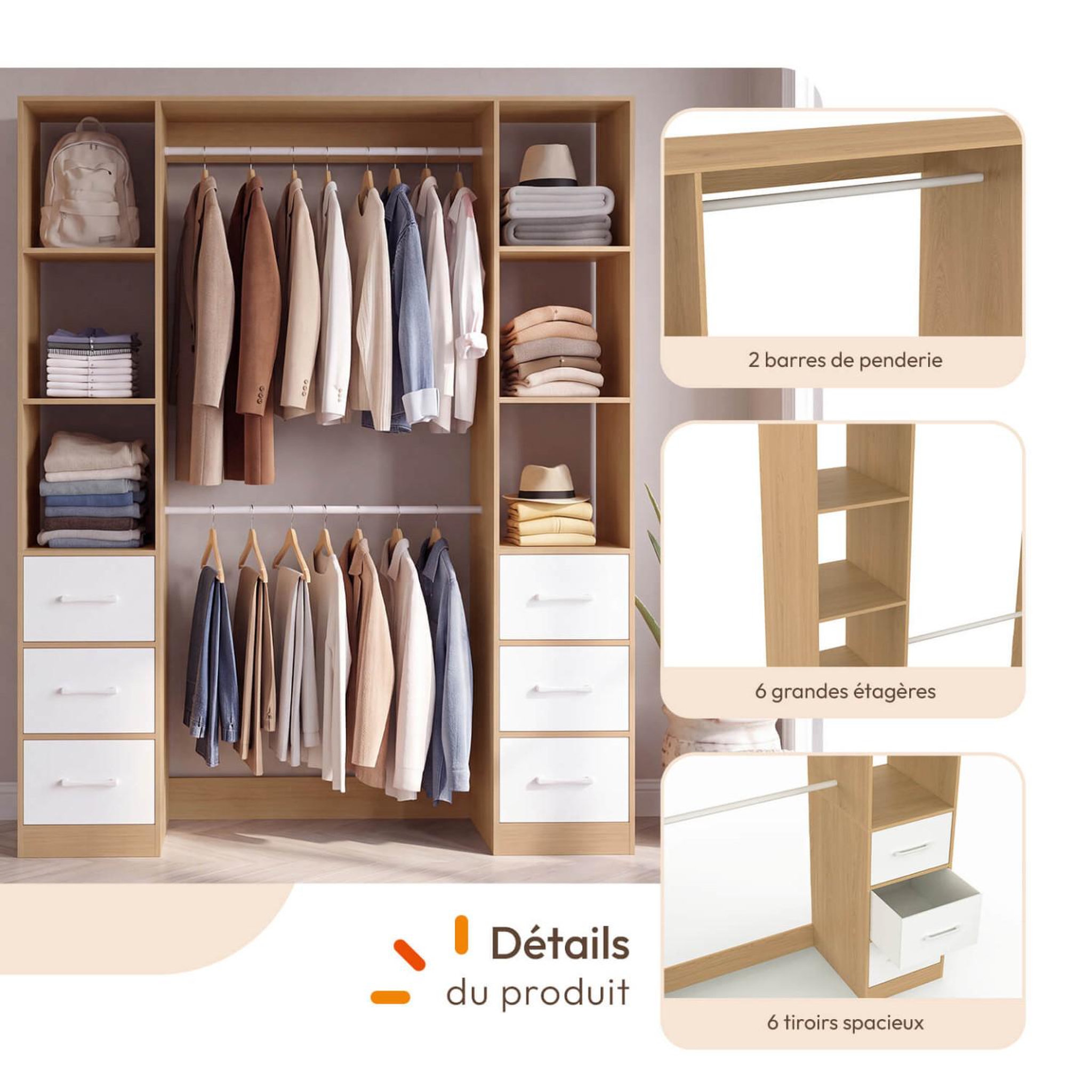 Voir la diapositive 3 : ID MARKET Dressing double penderie + double colonne l. 140 cm uppah avec 6 étagères et 6 bacs en tissu bois et blanc