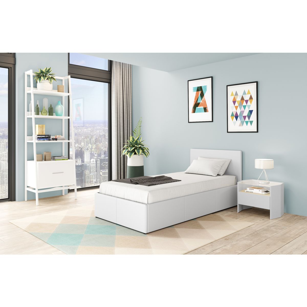 Ensemble matelas 90x190cm + Lit coffre 90x190cm sommier inclus avec tête de lit WILLOW blanc