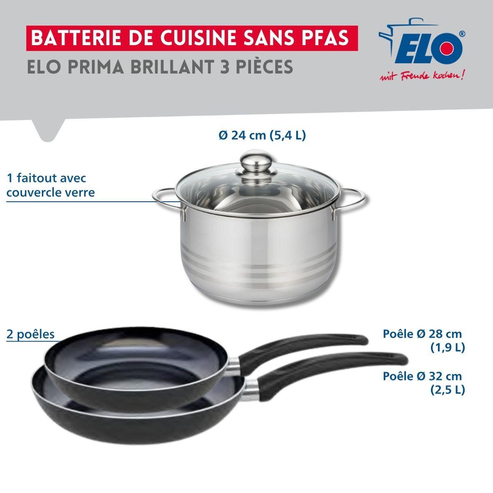Voir la diapositive 2 : ELO Ensemble de 2 poêles de cuisson 28 et 32 cm et 1 faitout 24 cm elo prima brillant