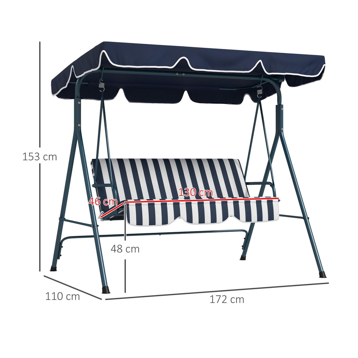 OUTSUNNY Balancelle de jardin 3 places toit réglable acier polyester bleu blanc rayé
