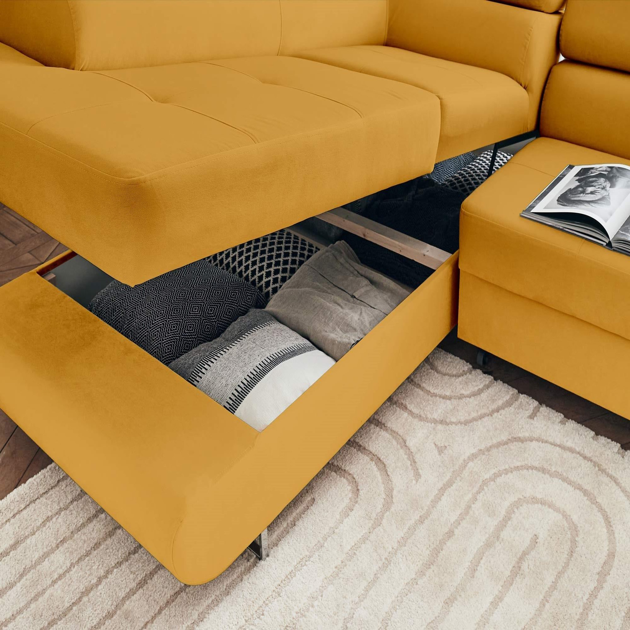 Voir la diapositive 3 : BEST MOBILIER Pablo - canapé d'angle gauche - 5 places - convertible avec coffre et têtières réglables - en velours