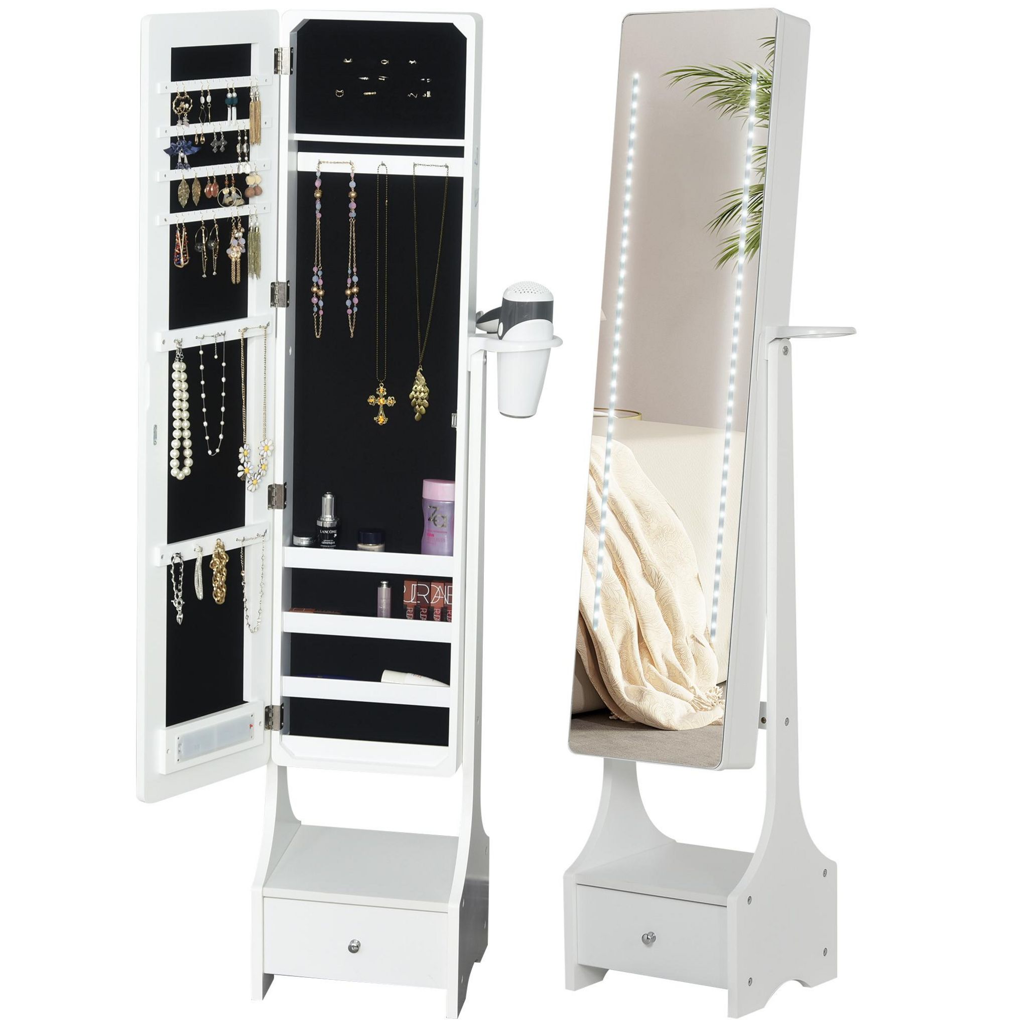 Armoire à Bijoux Avec Miroir Sur Pied HOMCOM - Multi-Rangement Verrouillable Blanc 46x36,5x151,5 Cm