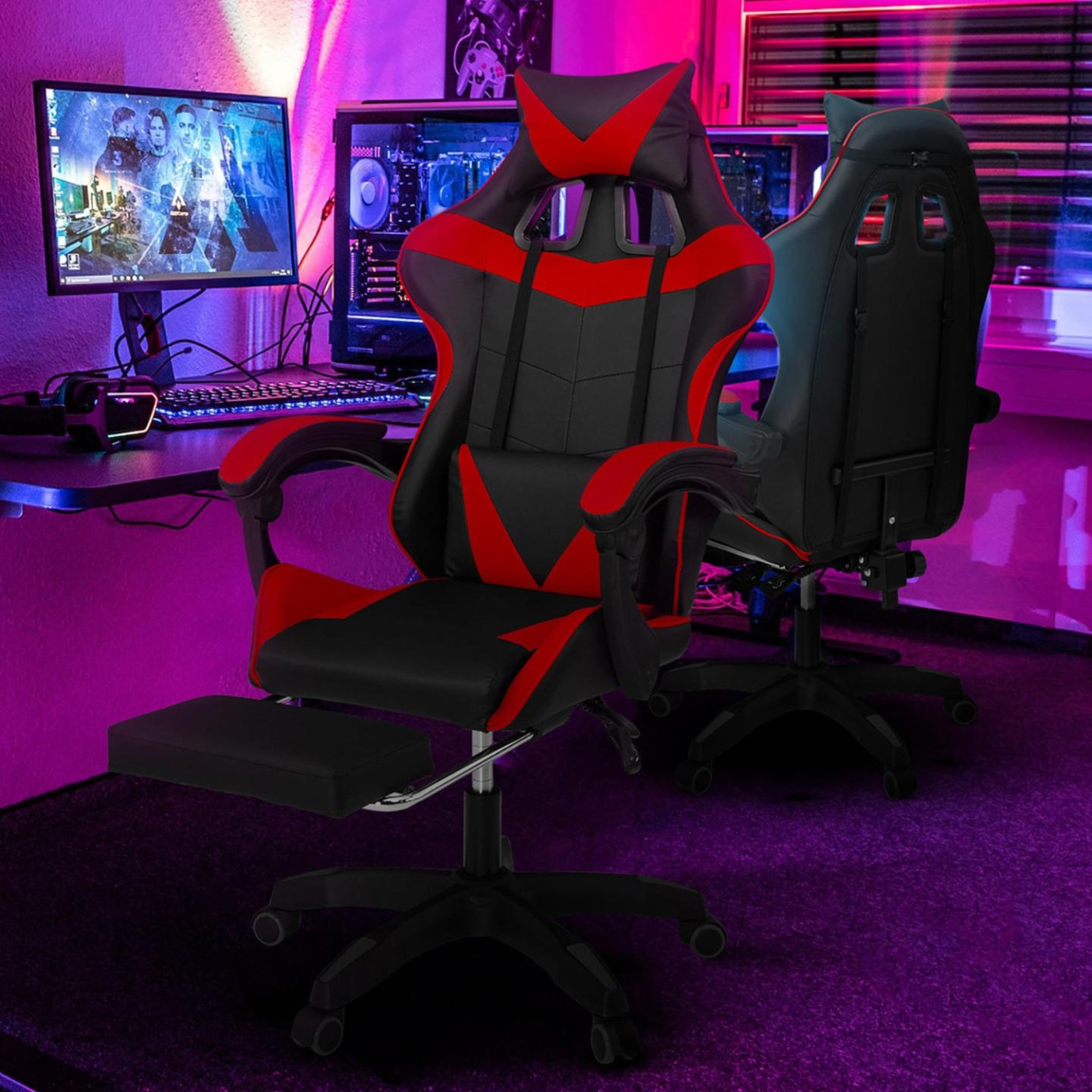Voir la diapositive 2 : ID MARKET Fauteuil de gaming alex réglable avec repose-pied, coussin de tête et coussin lombaire noir et rouge