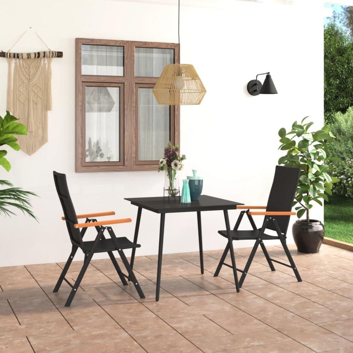 VIDAXL Ensemble a manger de jardin 3 pcs noir et marron