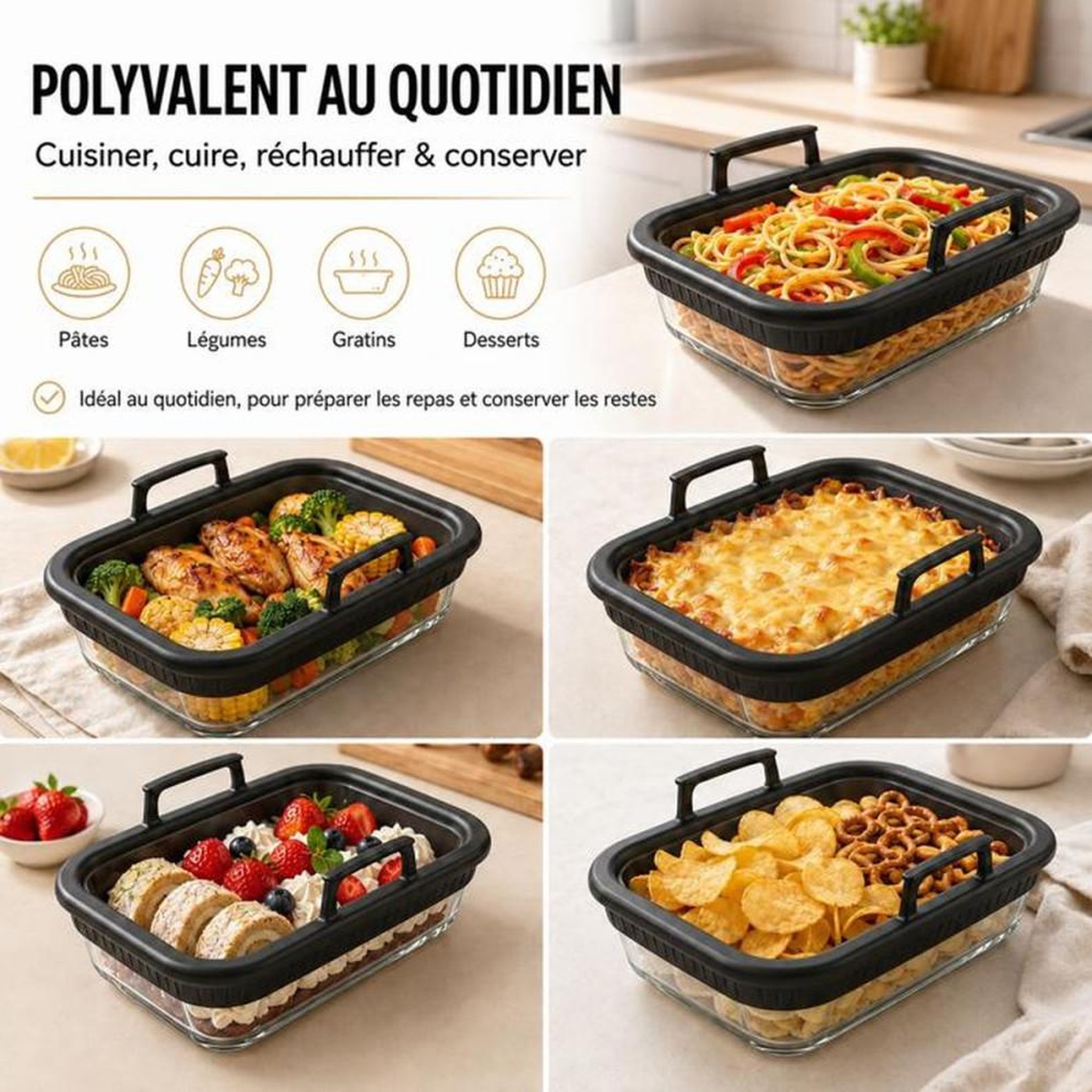 Voir la diapositive 6 : Lot de 2 plats de cuisson en verre résistant à la chaleur pour friteuse à air double zone, poignées en silicone amovibles, coloris transparent et noir