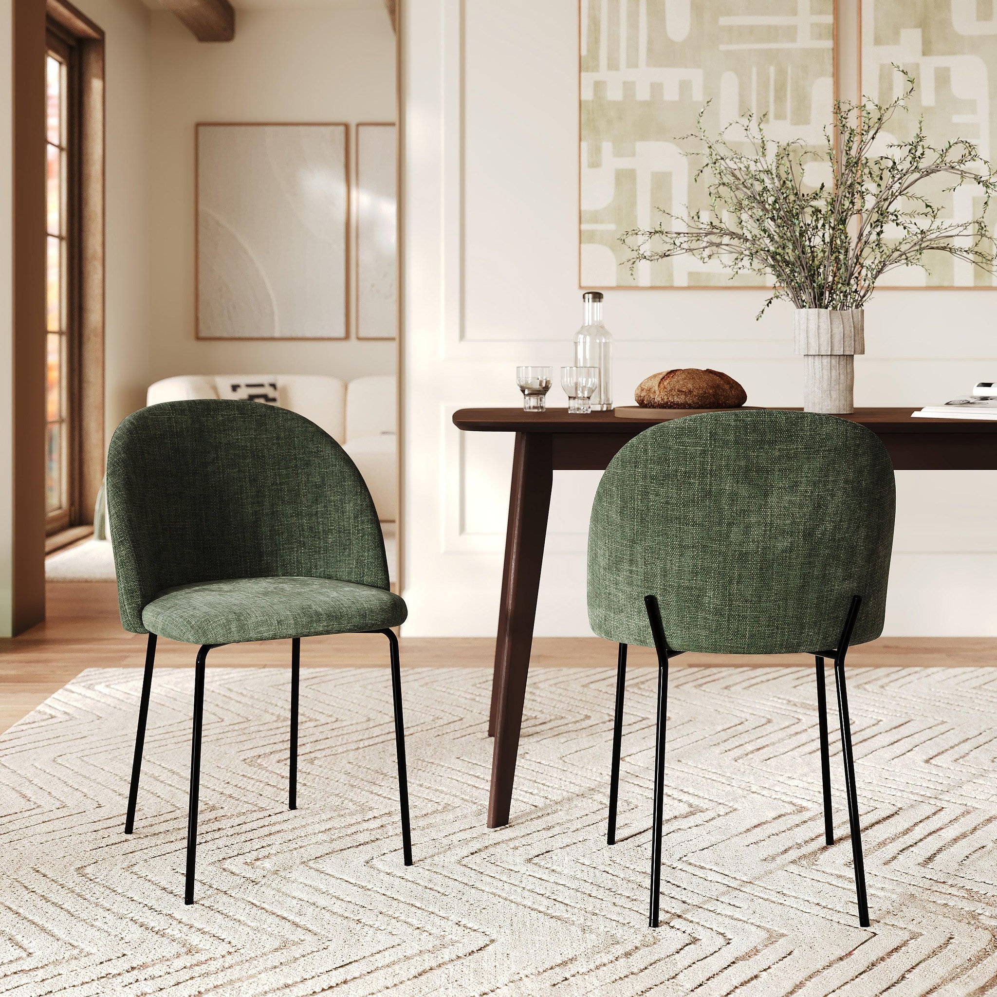 Voir la diapositive 2 : MAISON PAVANE Lot de 2 chaises en tissu texturé vert sapin-karl