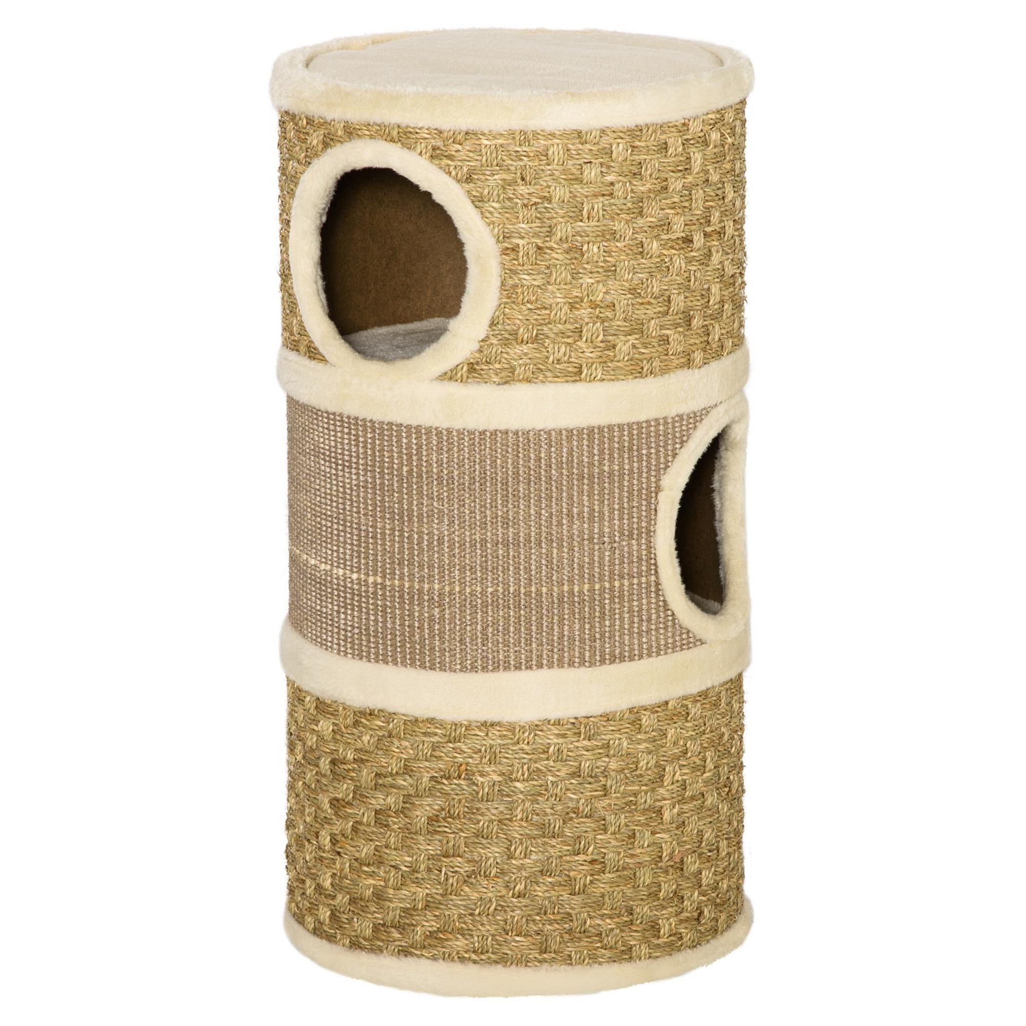 PAWHUT Arbre à chat cylindrique - tour à griffer pour chat - arbre à chat tour - tonneau griffoir - 3 niches + plateforme - sisal corde d'algues beige