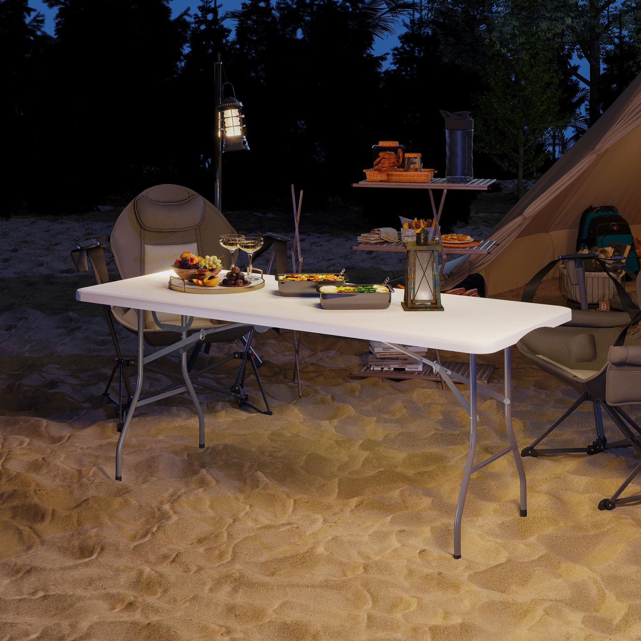 Voir la diapositive 2 : OUTSUNNY Table pliante de camping jardin dim. 180 x 74 x 74 cm avec poignée métal époxy gris hdpe blanc