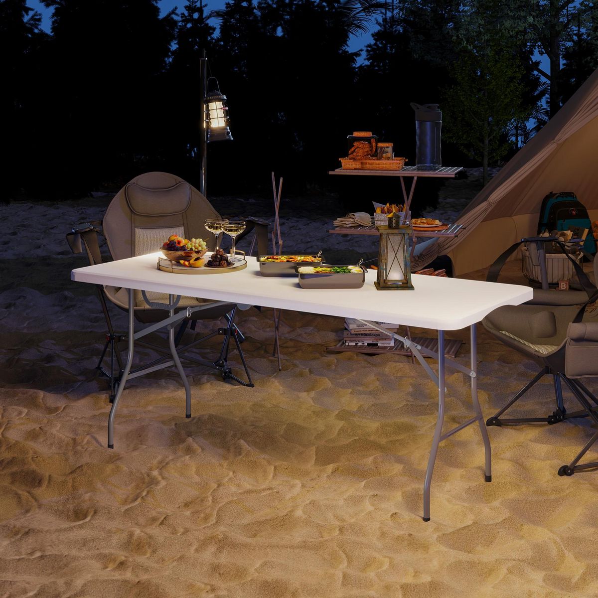 OUTSUNNY Table pliante de camping jardin dim. 180 x 74 x 74 cm avec poignée métal époxy gris HDPE blanc