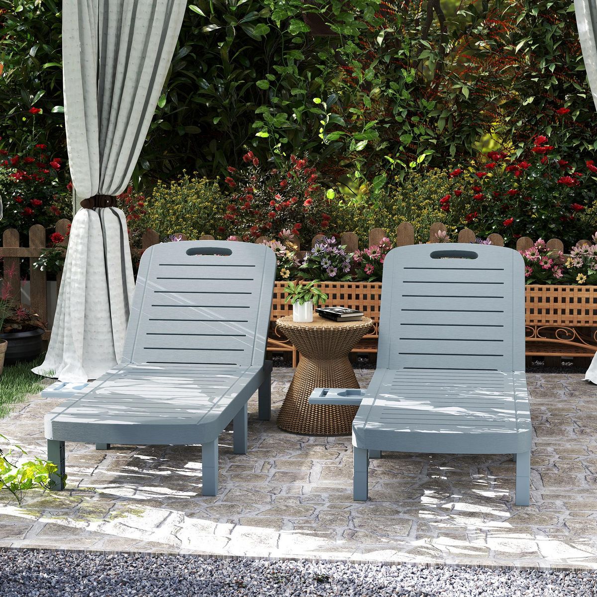 OUTSUNNY Lot de 2 bains de soleil inclinable - plateau rétractable - PP texturé effet bois gris