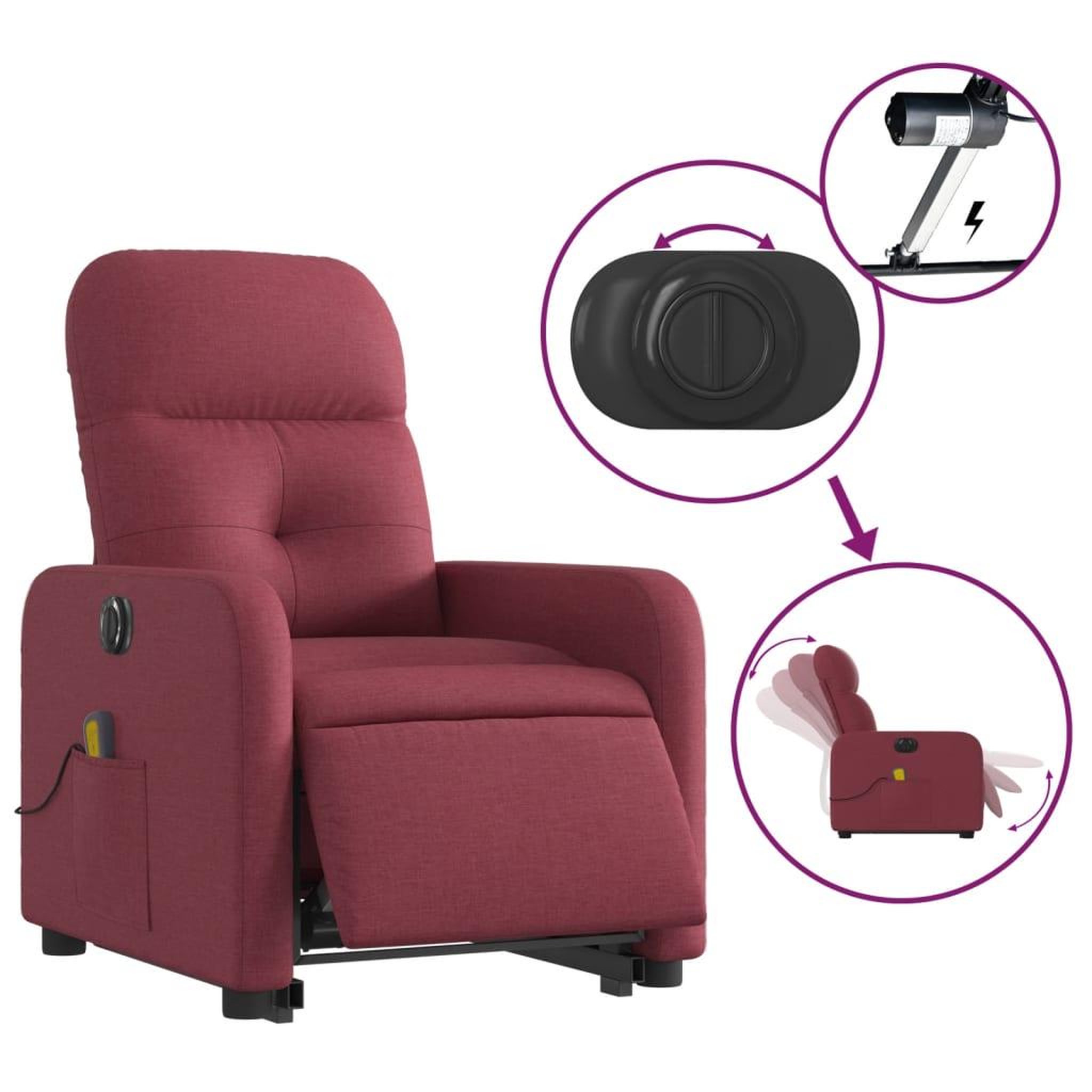 Voir la diapositive 5 : VIDAXL Fauteuil inclinable de massage electrique Rouge bordeaux Tissu