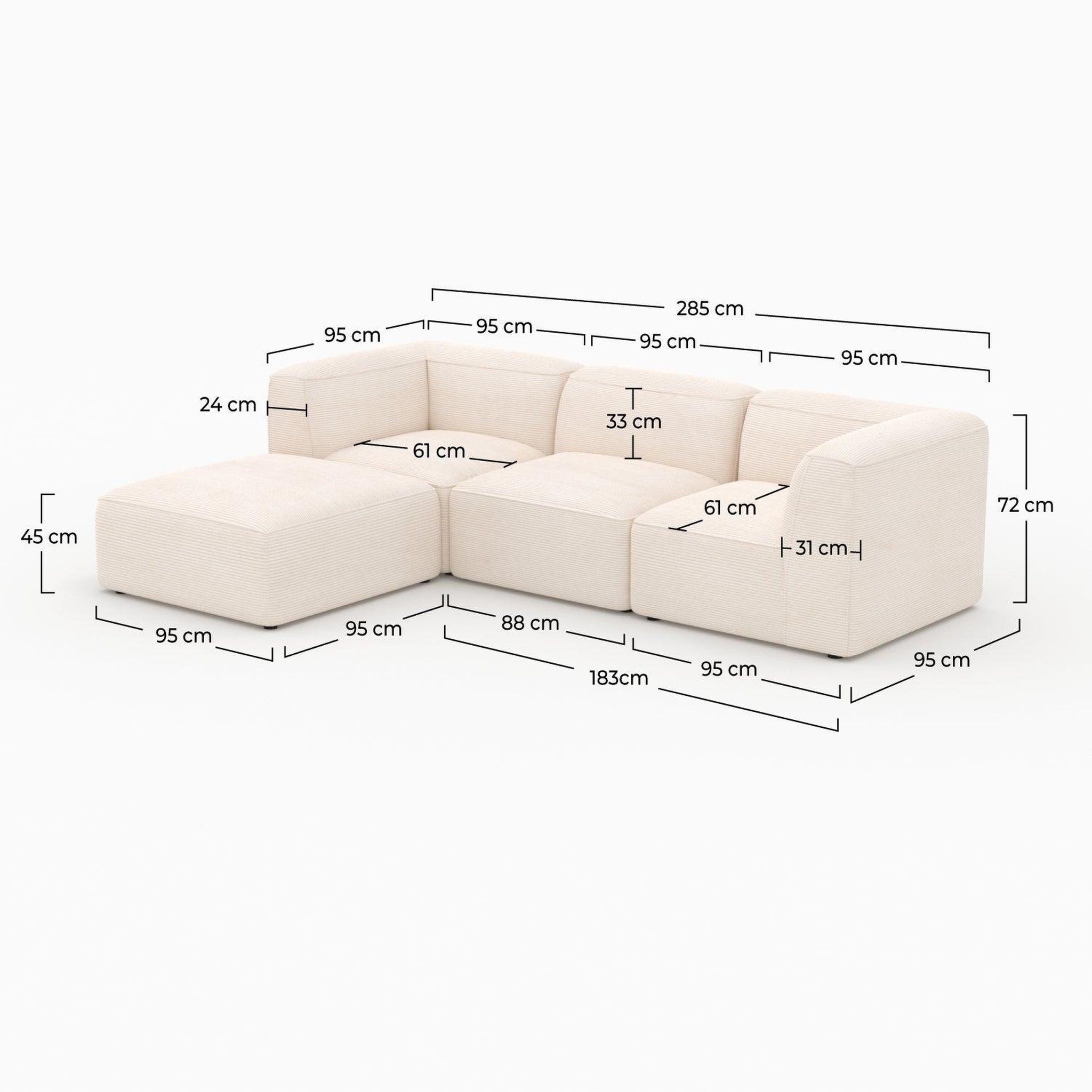 Voir la diapositive 4 : MAISON PAVANE Canapé modulable en velours blanc 3 places avec pouf-mina