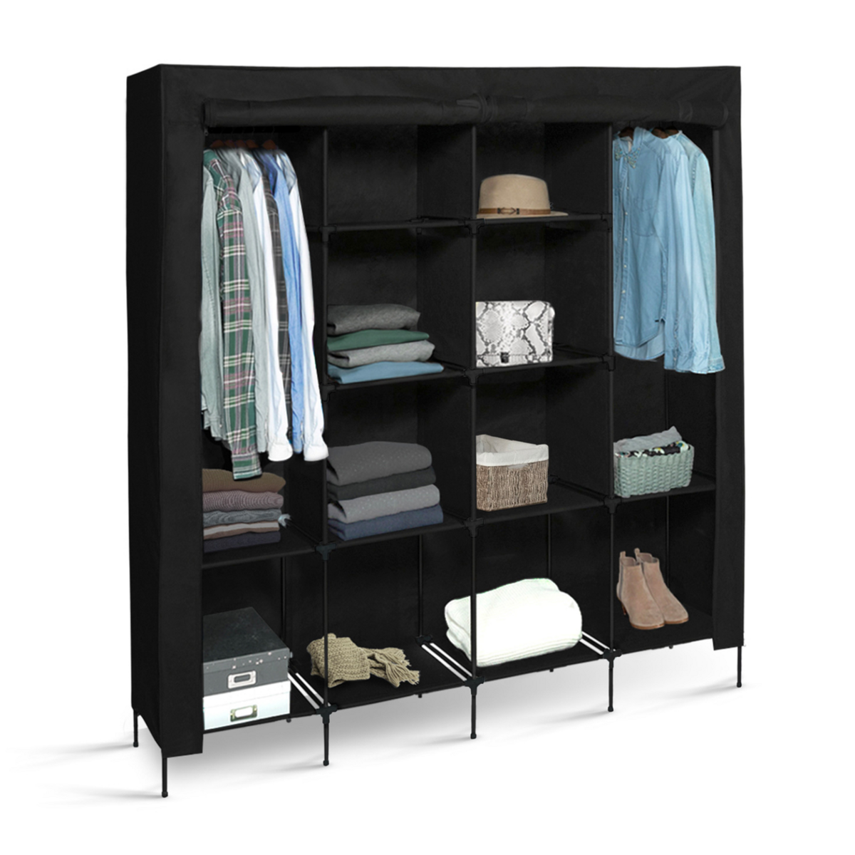 ID MARKET Grande armoire de rangement penderie pliable vêtements en tissu noir dressing DOUBLE XXL