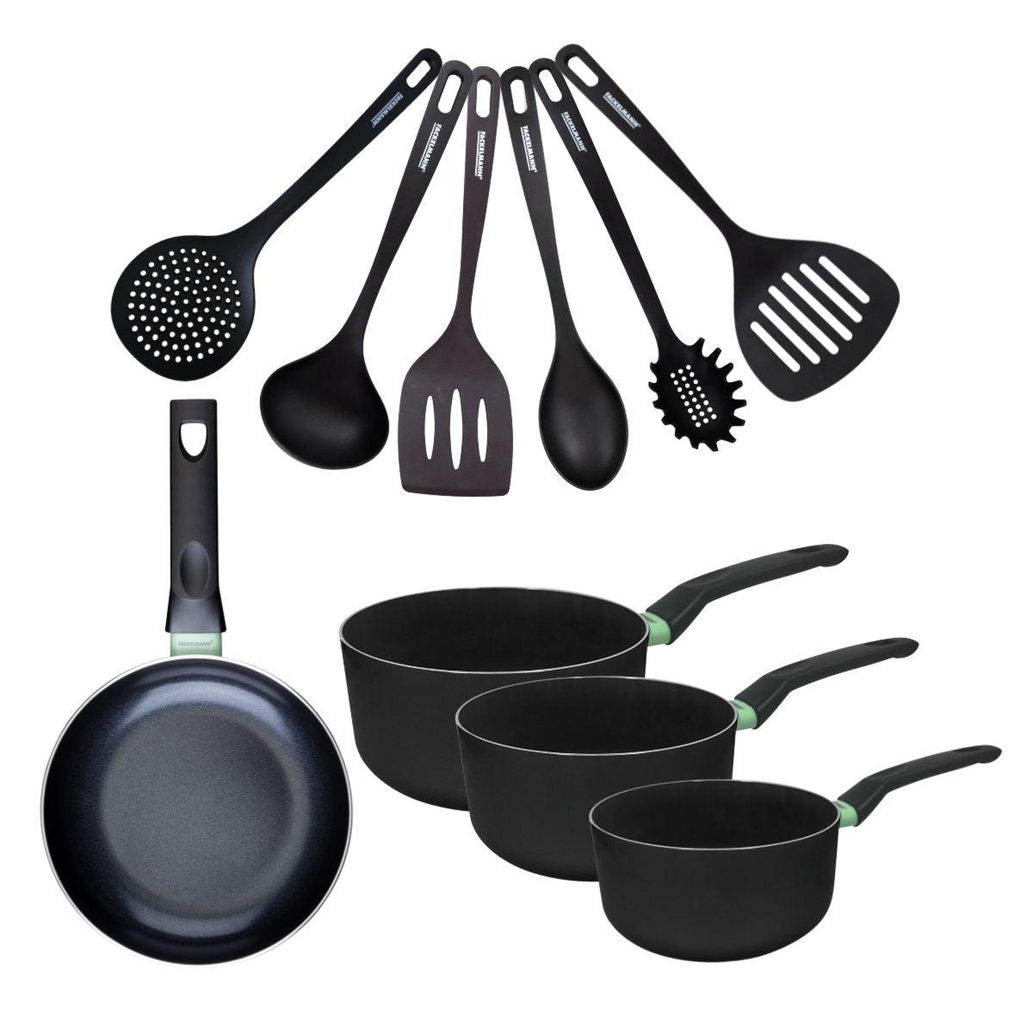 Fackelmann Set de 1 poêle 20 cm, 3 casseroles antiadhésives céramique 16, 18 et 20 cm et 6 ustensiles fackelmann brandao