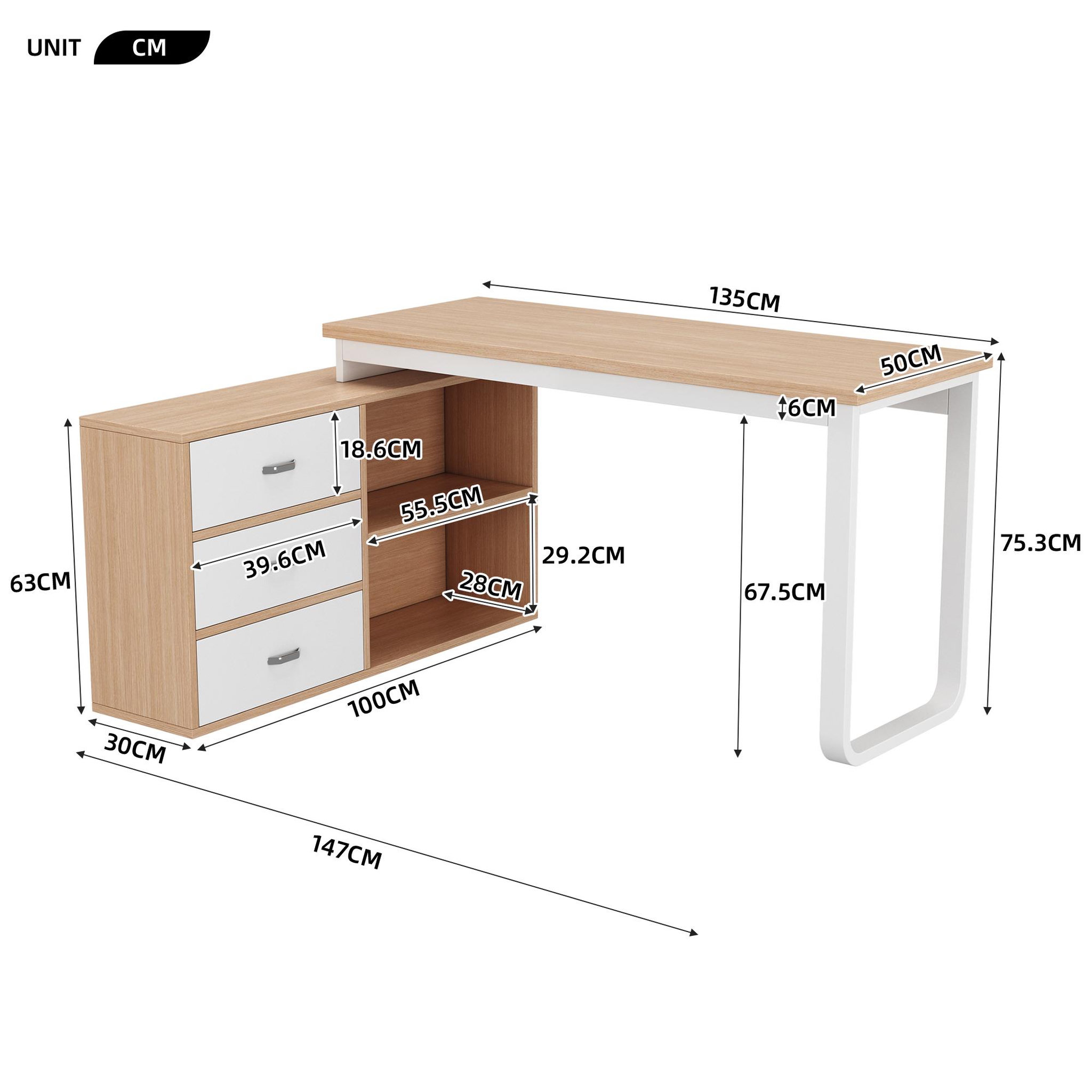 Voir la diapositive 3 : MERAX Bureau d'angle 147 cm coloris naturel+blanc mdf et métal