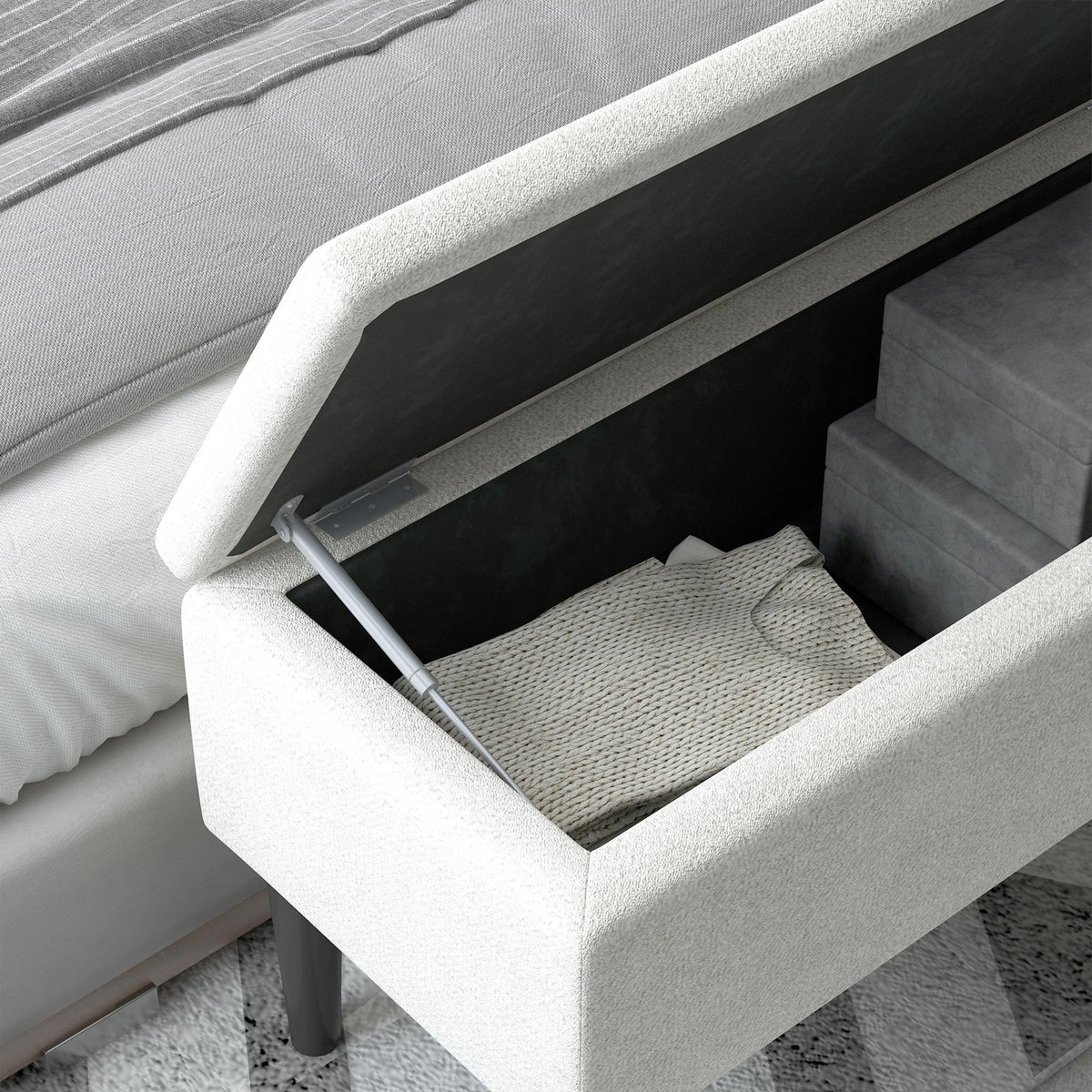 HOMCOM Banc coffre de rangement 2 en 1 dim. 95L x 38l x 45H cm piètement bois noir tissu blanc cassé