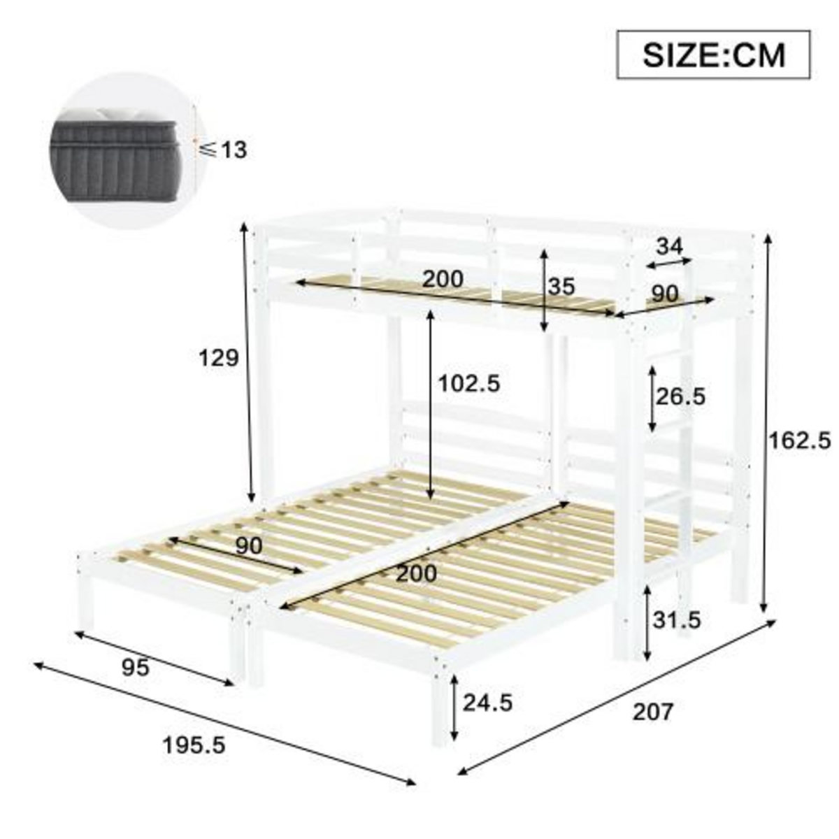 MERAX Lit triple 90x200cm coloris blanc bois massif
