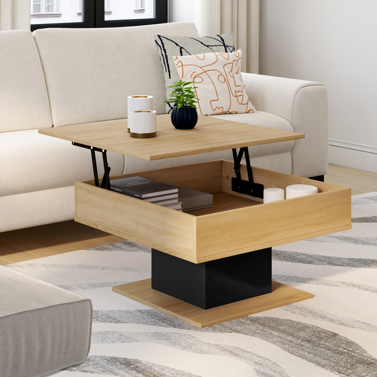 ID MARKET Table basse plateau relevable EDEN carrée bois et noir