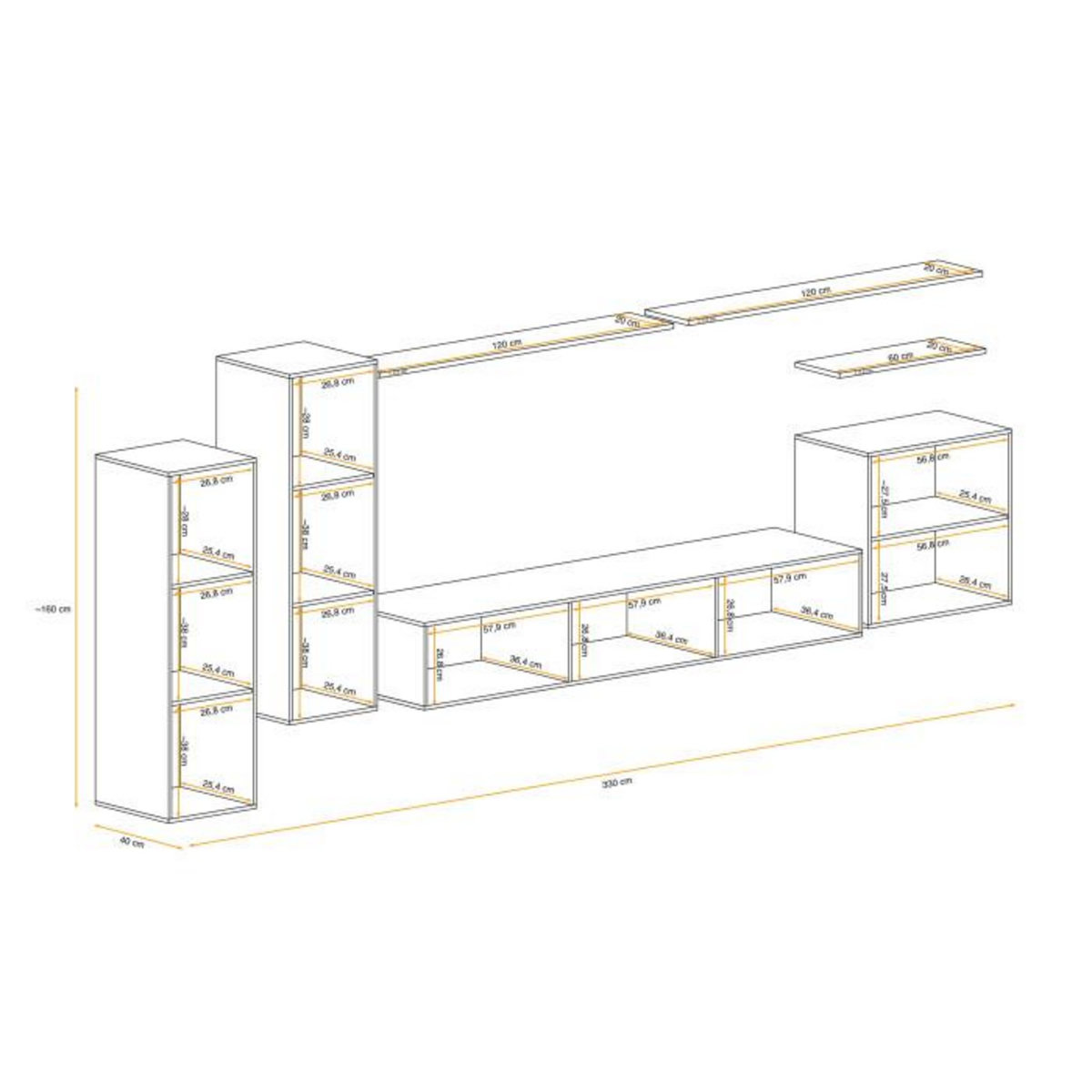 Paris Prix Meuble TV Mural Design  Switch I  330cm Blanc & Naturel