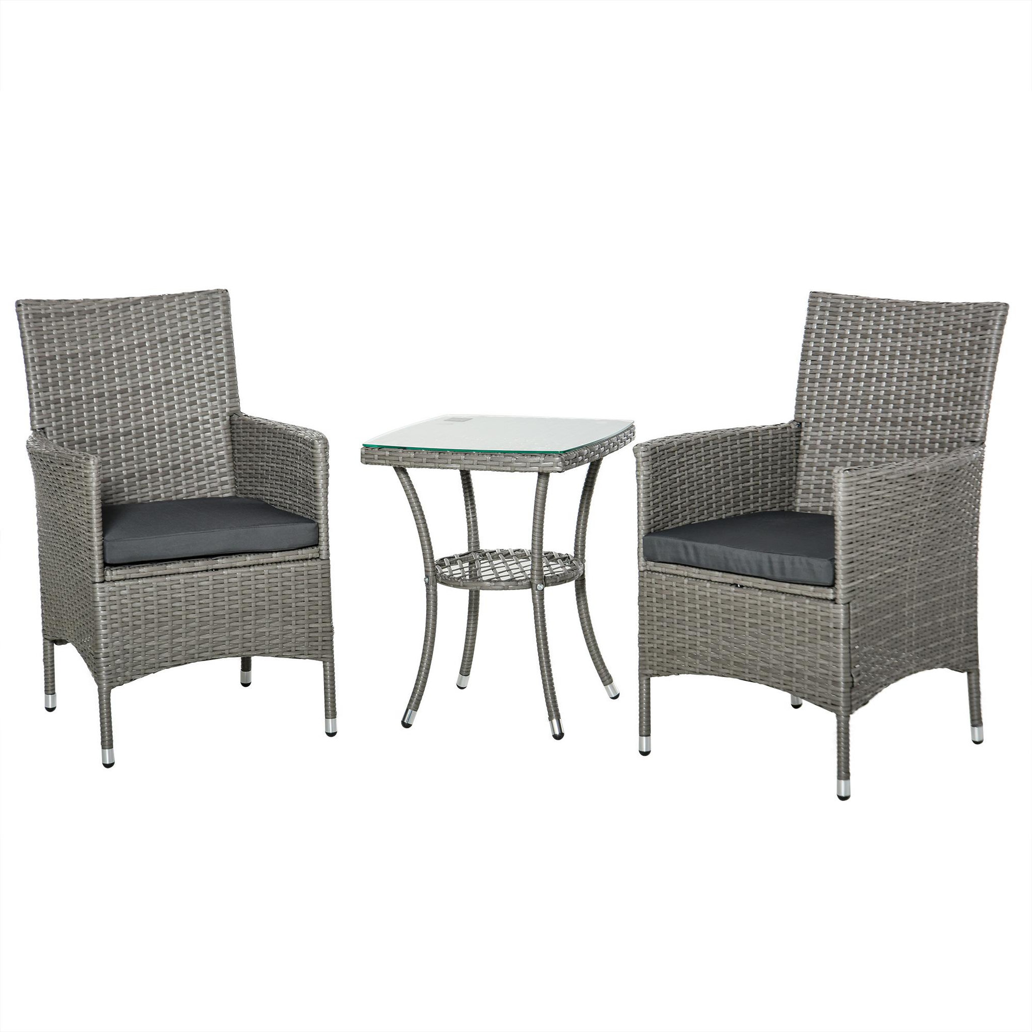 Voir la diapositive 1 : OUTSUNNY Outsunny ensemble salon de jardin 2 places : 2 fauteuils et table basse plateau verre trempé résine tressée imitation rotin avec coussins gris