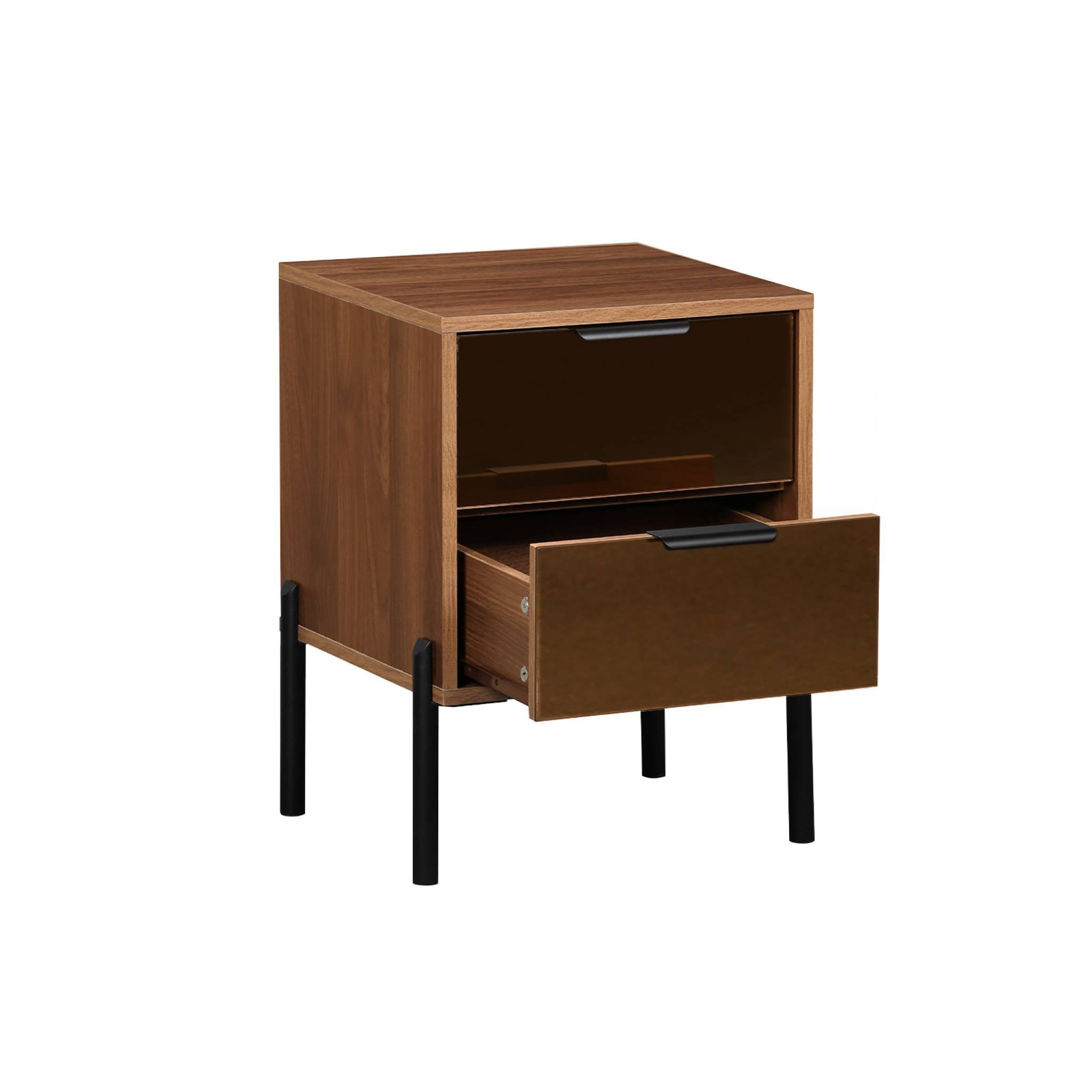 Voir la diapositive 5 : SWEEEK Table de chevet vintage 2 tiroirs décor bois et vitres fumées. L 43 x P 38 x H 54.8cm