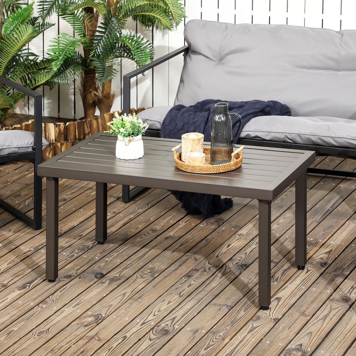 OUTSUNNY Table basse rectangulaire de jardin plateau à lattes pieds réglables dim. 91L x 51l x 46H cm acier marron