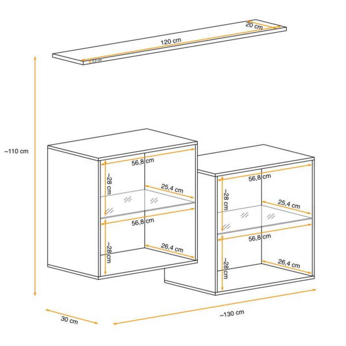 Paris Prix Lot de 2 Vitrines Murales & Étagère  Switch SBIII  130cm Naturel & Gris