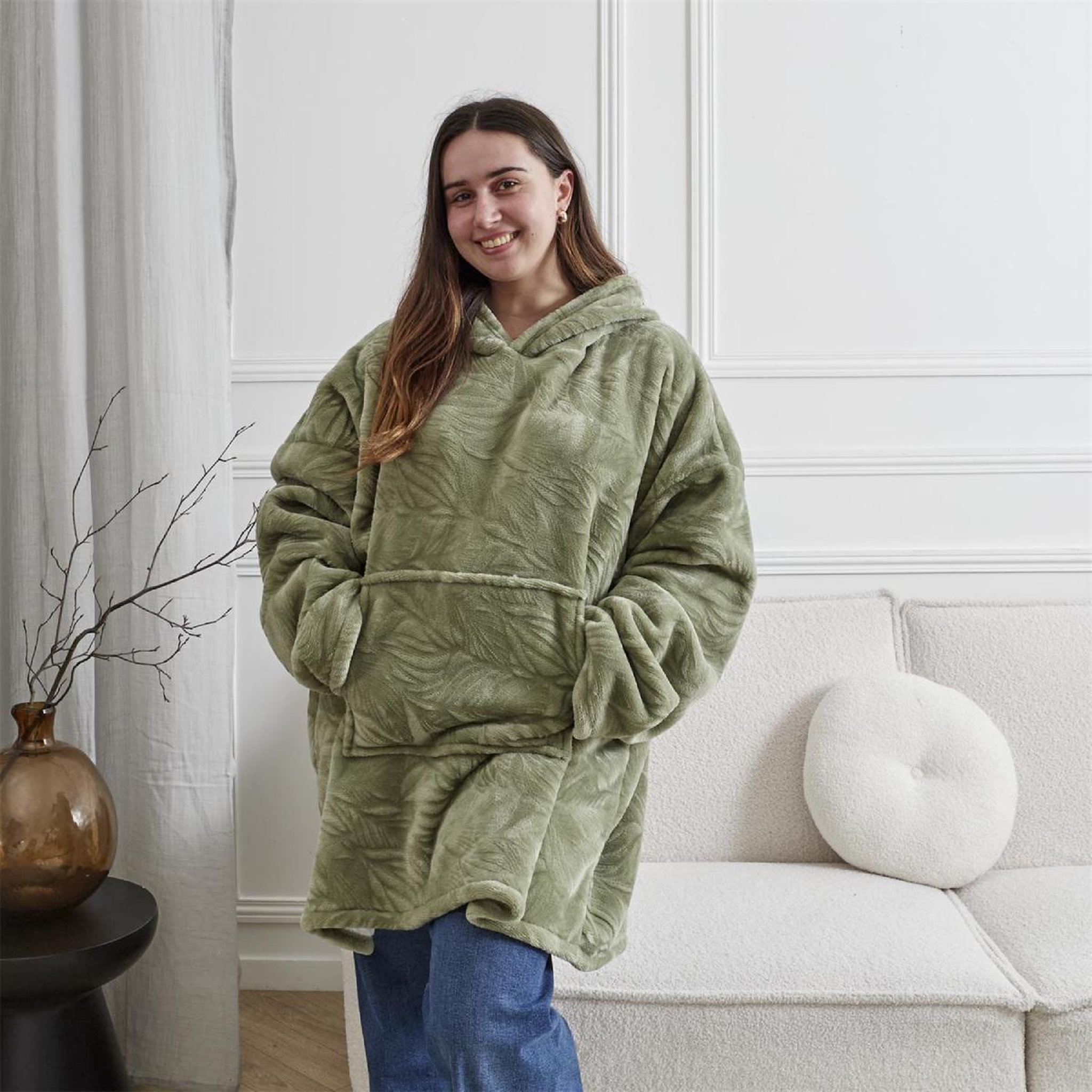 Voir la diapositive 3 : The Home Deco Factory Plaid sweat à capuche  natural  85x118cm vert
