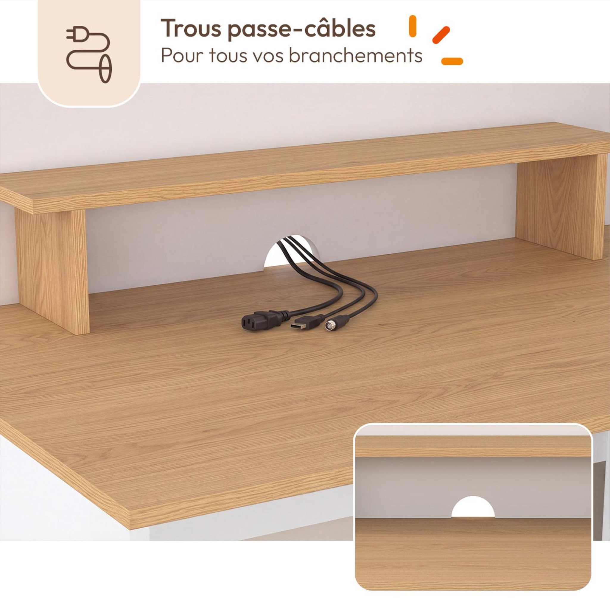 Voir la diapositive 6 : ID MARKET Bureau d'angle CHARLES 1 porte, niches et tiroir avec support écran blanc et bois façon hêtre