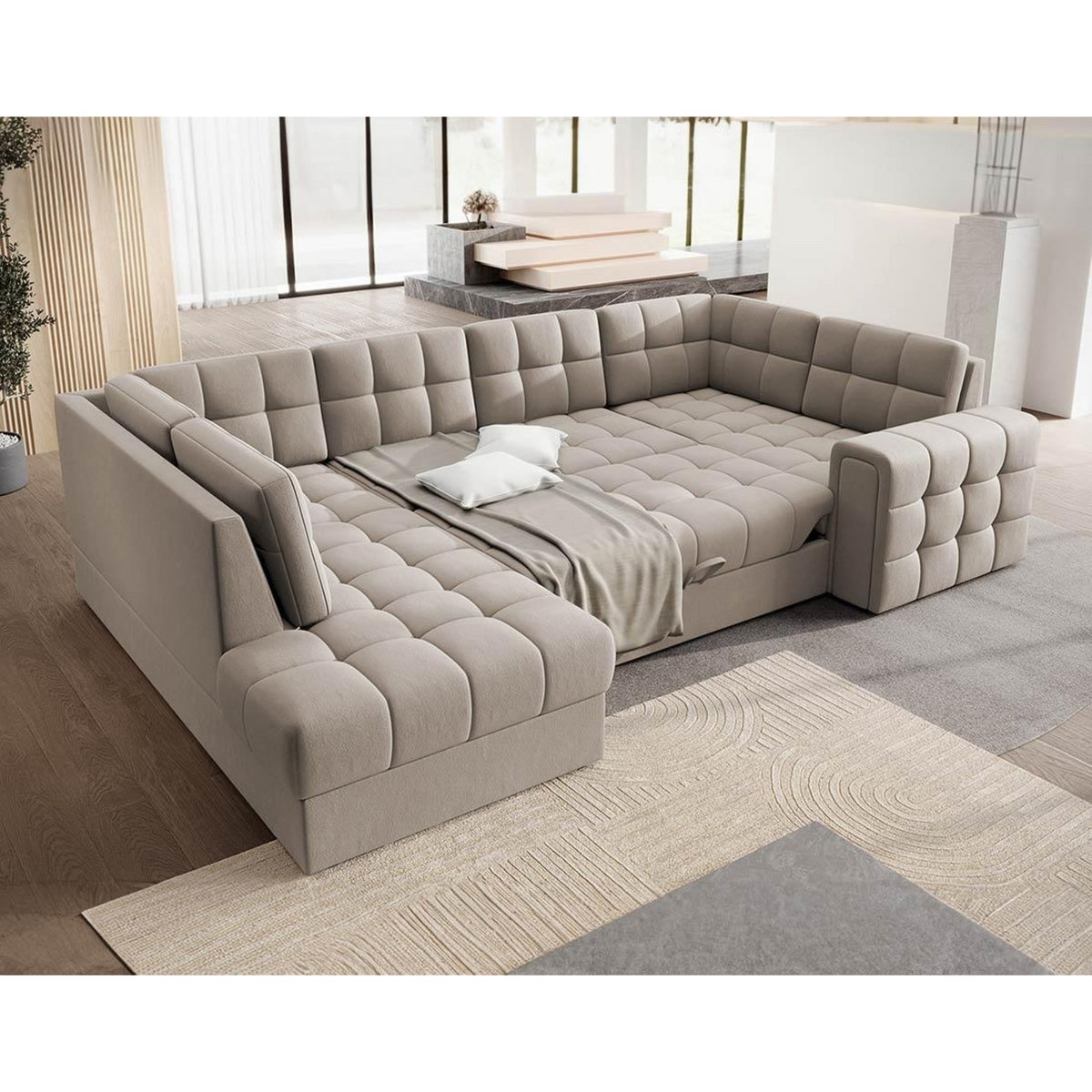 BEST MOBILIER Nappa - canapé panoramique d'angle droit 7 places convertible avec coffre en velours