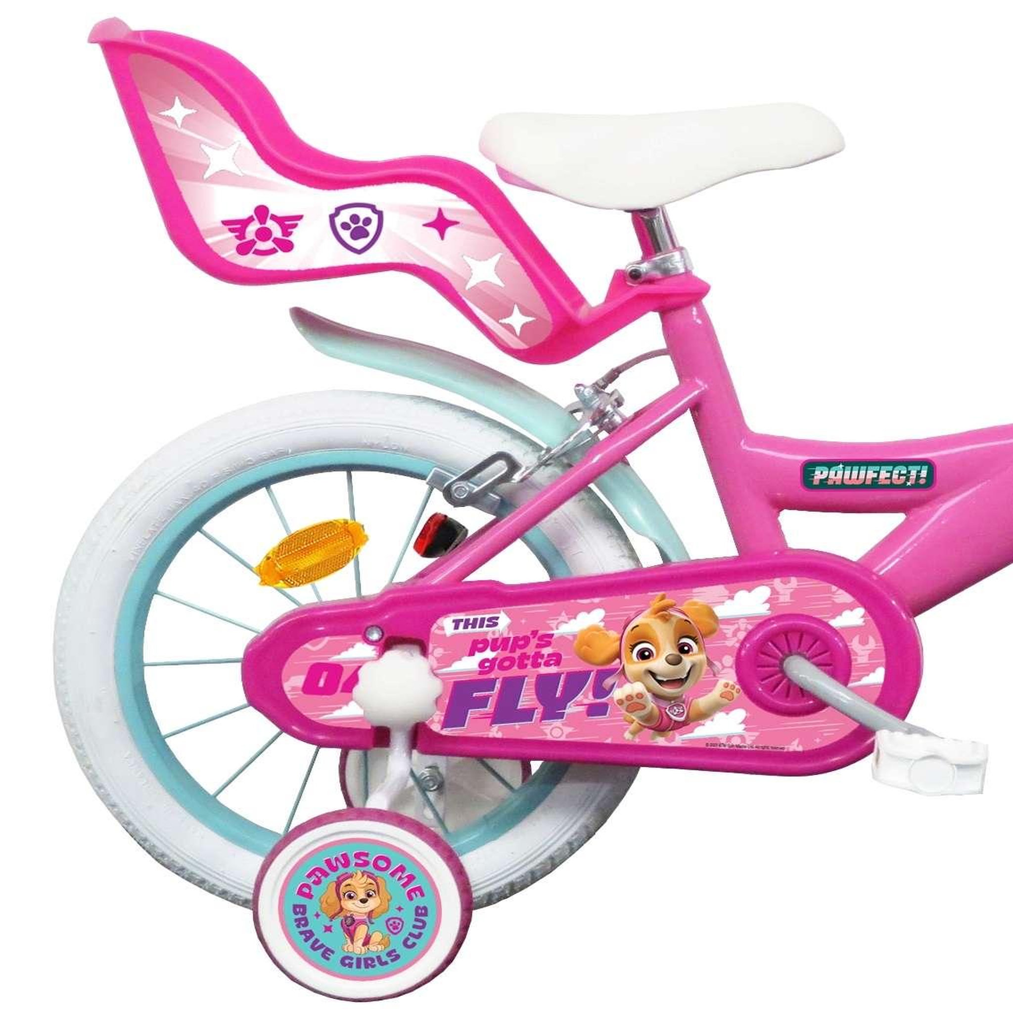 Voir la diapositive 2 : Nickelodeon Vélo enfant - Modèle 14'' Pat Patrouille à l'effigie de Stella pour enfant de 95/110 cm avec stabilisateurs - Panier avant - Porte poupée arrière - 2 freins