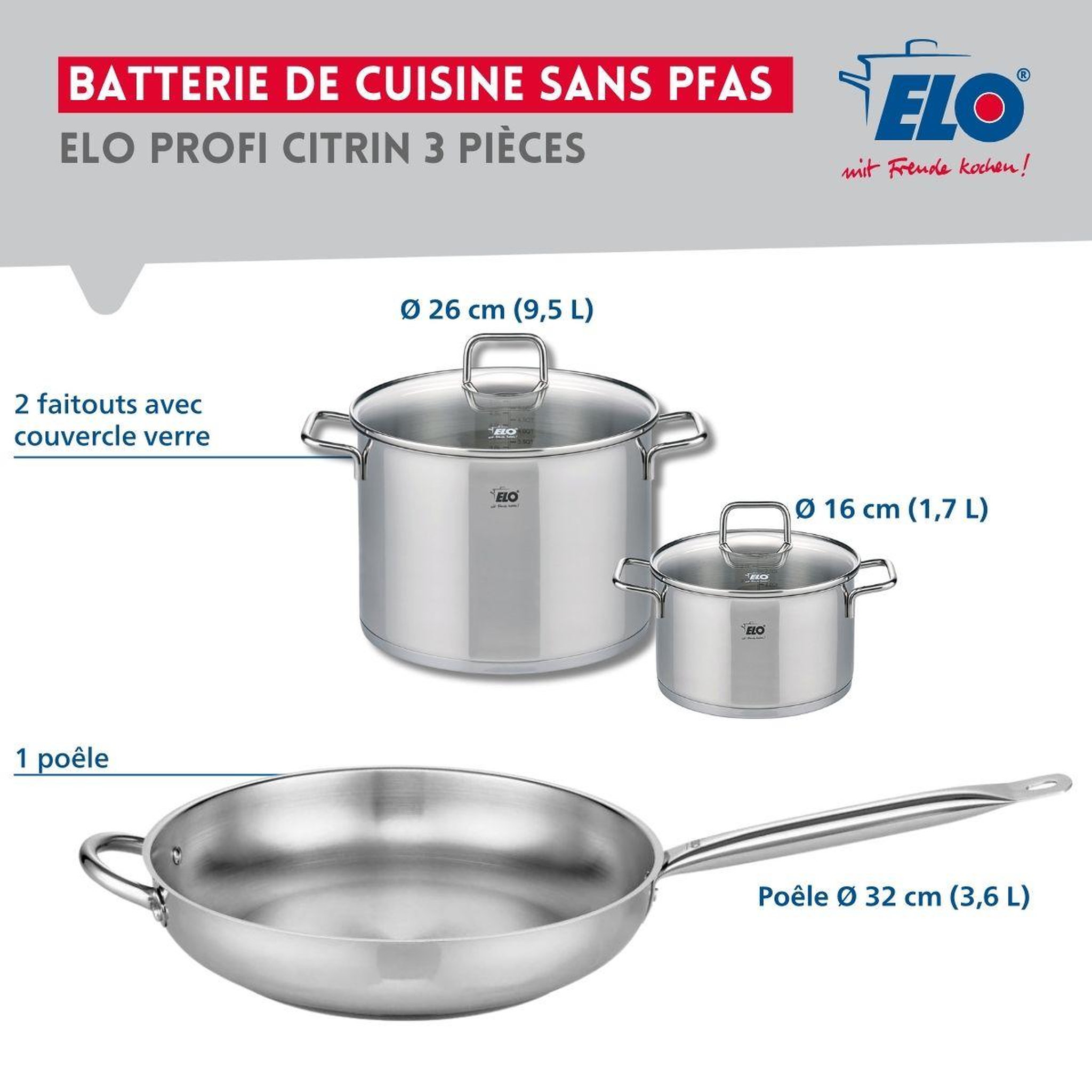 Voir la diapositive 2 : ELO Ensemble de 1 poêle de cuisson 32 cm et 2 faitouts 16 et 26 cm elo profi citrin