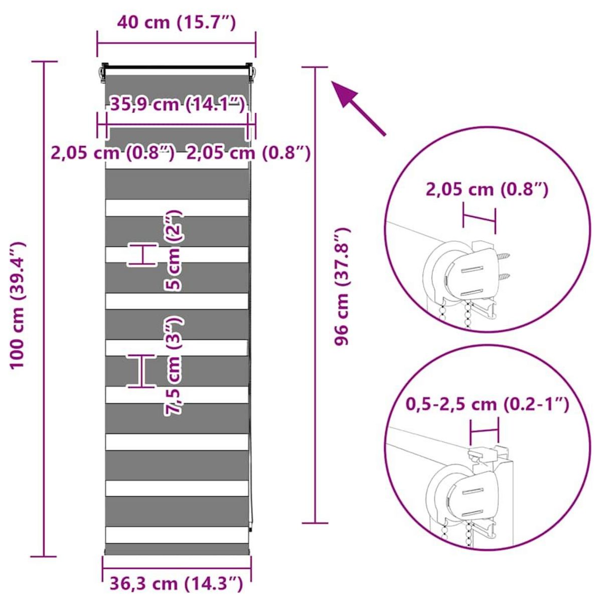 VIDAXL Store zebre gris fonce largeur du tissu 35,9 cm polyester