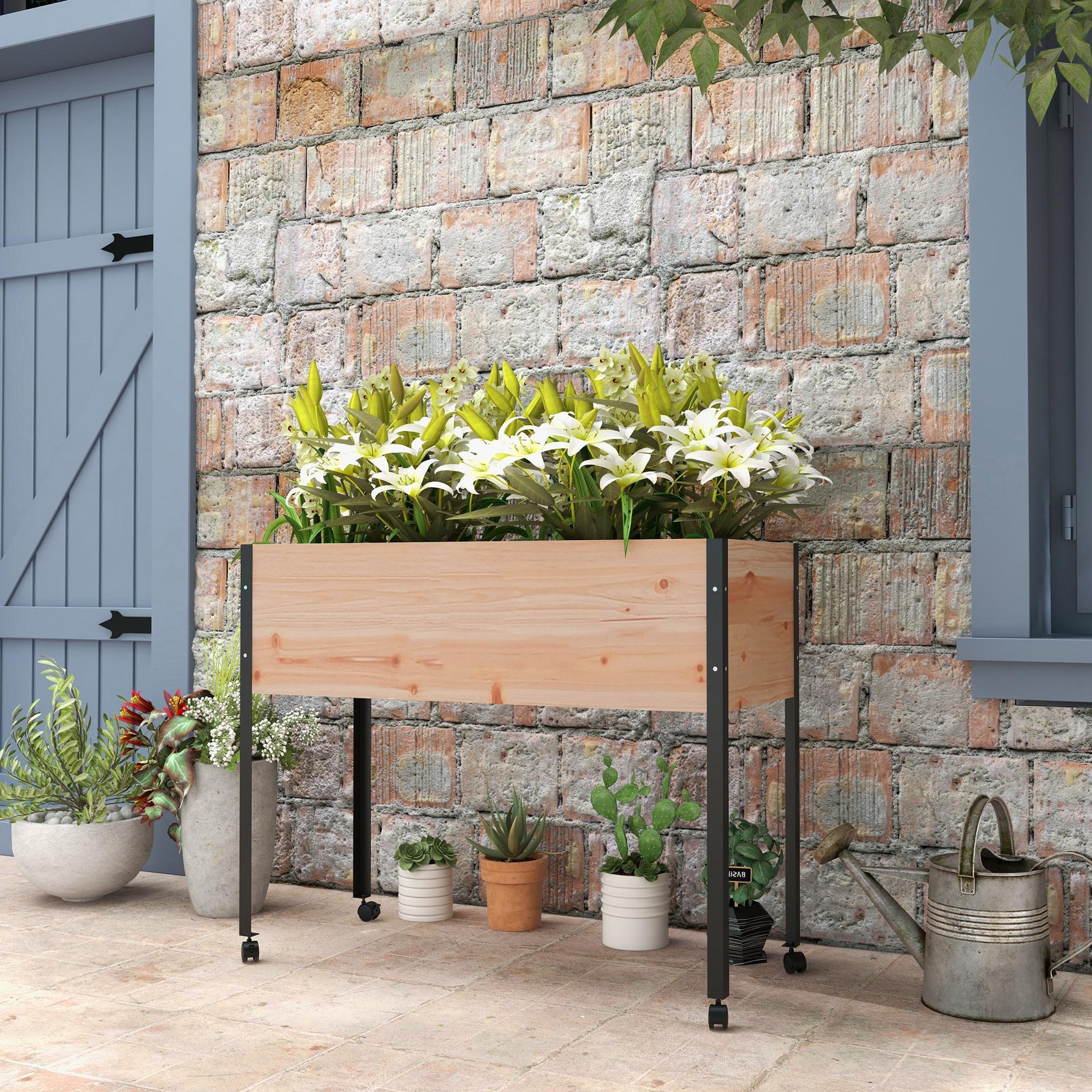 Voir la diapositive 2 : OUTSUNNY Jardinière sur pied - potager sur roulettes - inserts d'irrigation, feutre drainage inclus - acier bois sapin pré-huilé