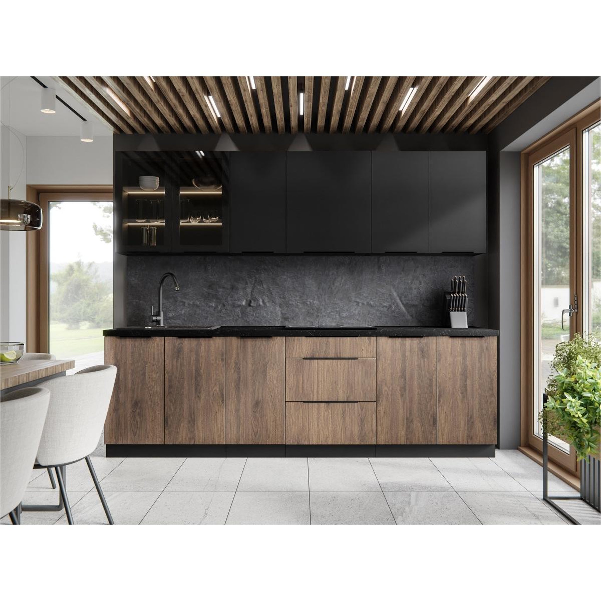 Voir la diapositive 3 : JLC KREATION Cuisine complète moderne bois et noir 260cm MAO