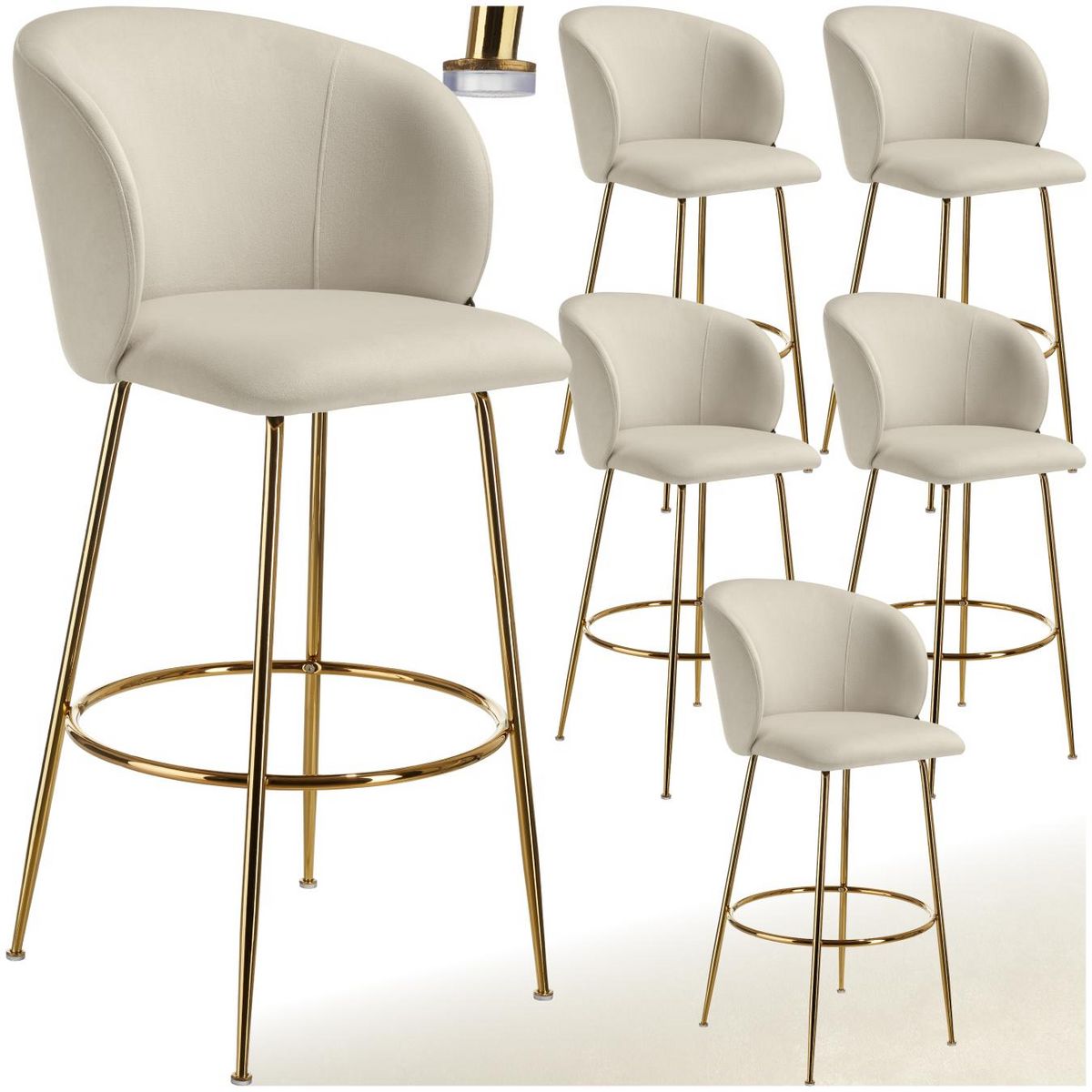 tectake Chaise de bar en velours rembourré crème/or Ensemble de 6 pièces