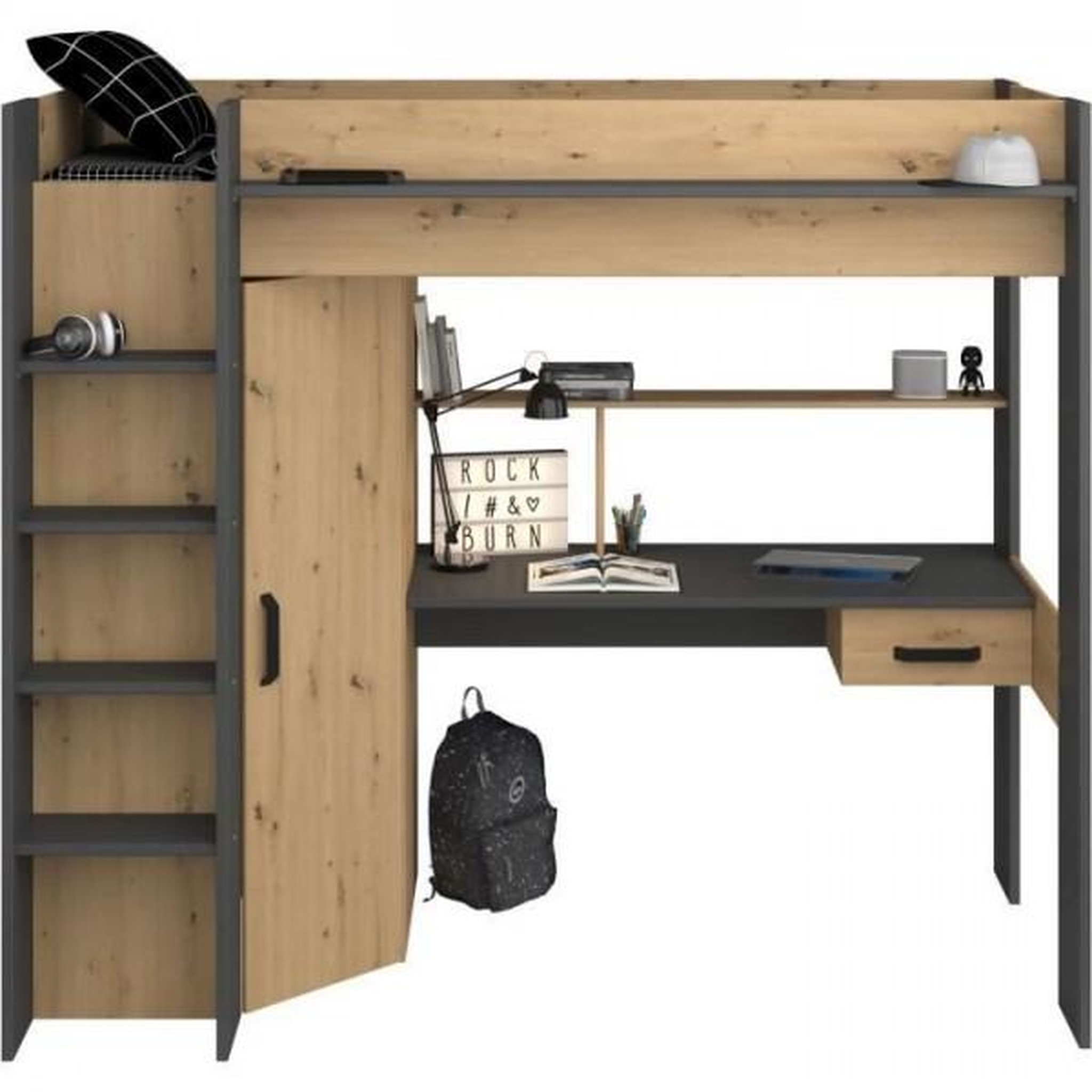 PARISOT Lit combiné mezzanine enfant PARISOT HIGH - Chene et gris - Sommier inclus - 90 x 200 cm