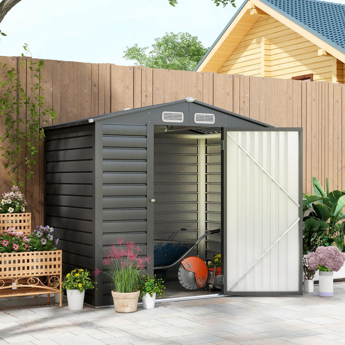 OUTSUNNY Abri de jardin cabanon dim. 190L x 131l x 188H cm porte verrouillable ventilations tôle acier ondulé gris