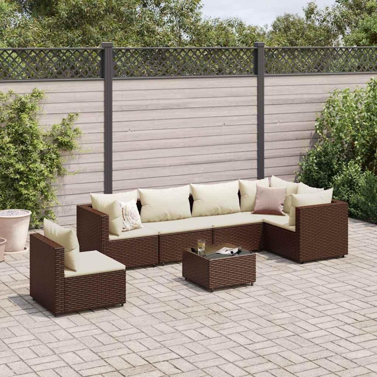 VIDAXL Salon de jardin avec coussins 7 pcs marron resine tressee