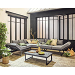 BEST MOBILIER Konna – salon de jardin d'angle en acier noir – 5 places - coussin gris et table incluse. Coloris disponibles : Bicolore