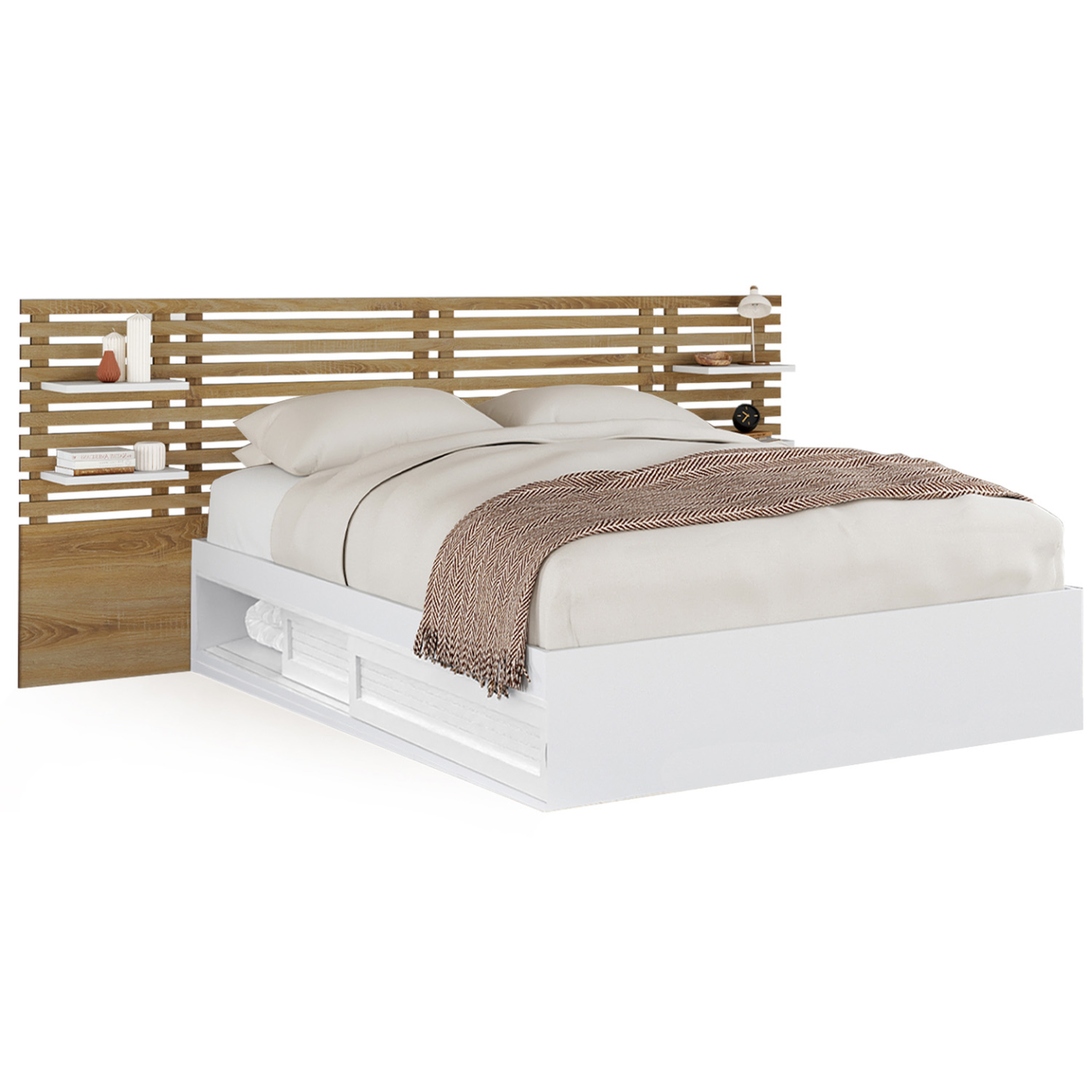 ID MARKET Lit double SAVANA avec tête de lit, chevets, rangements et sommier 140 x 190 cm blanc et façon hêtre