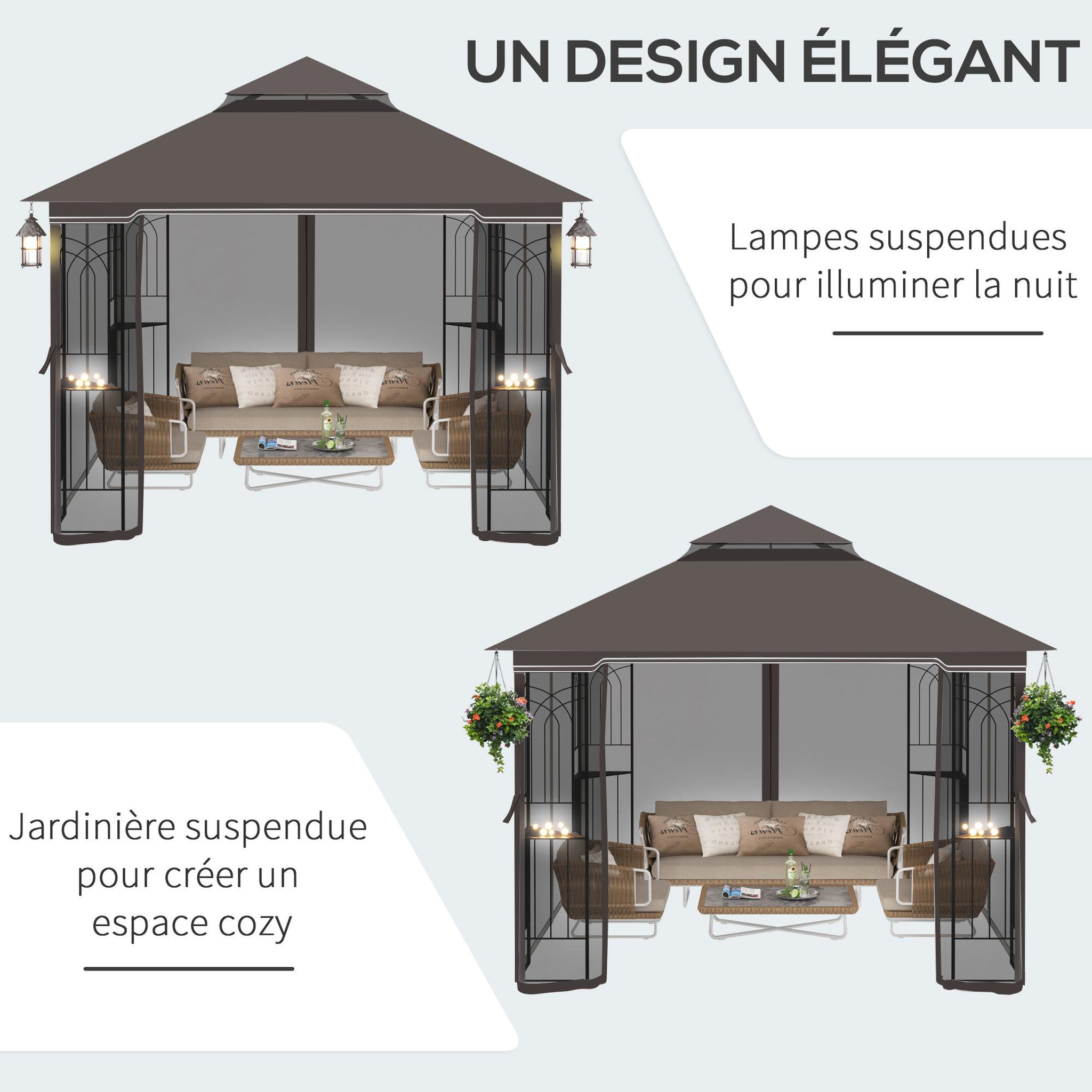 Voir la diapositive 4 : OUTSUNNY Tonnelle barnum style colonial double toit toile moustiquaires amovibles 4 étagères d'angle métal époxy polyester chocolat