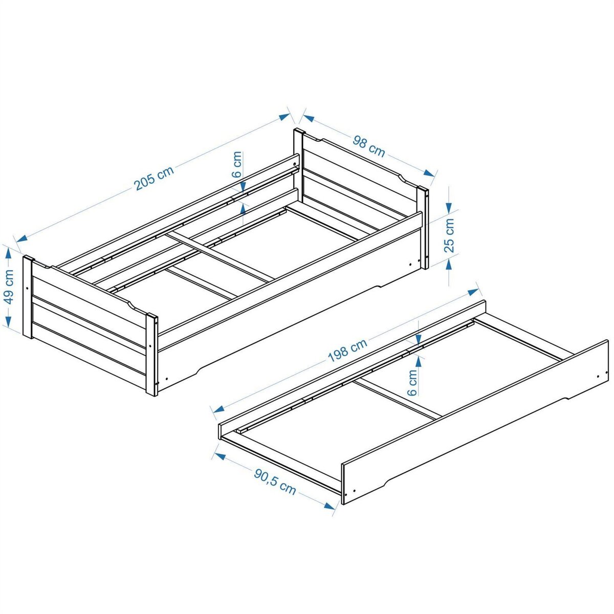 IDIMEX Lit gigogne LORENA en pin massif, 90 x 200 cm