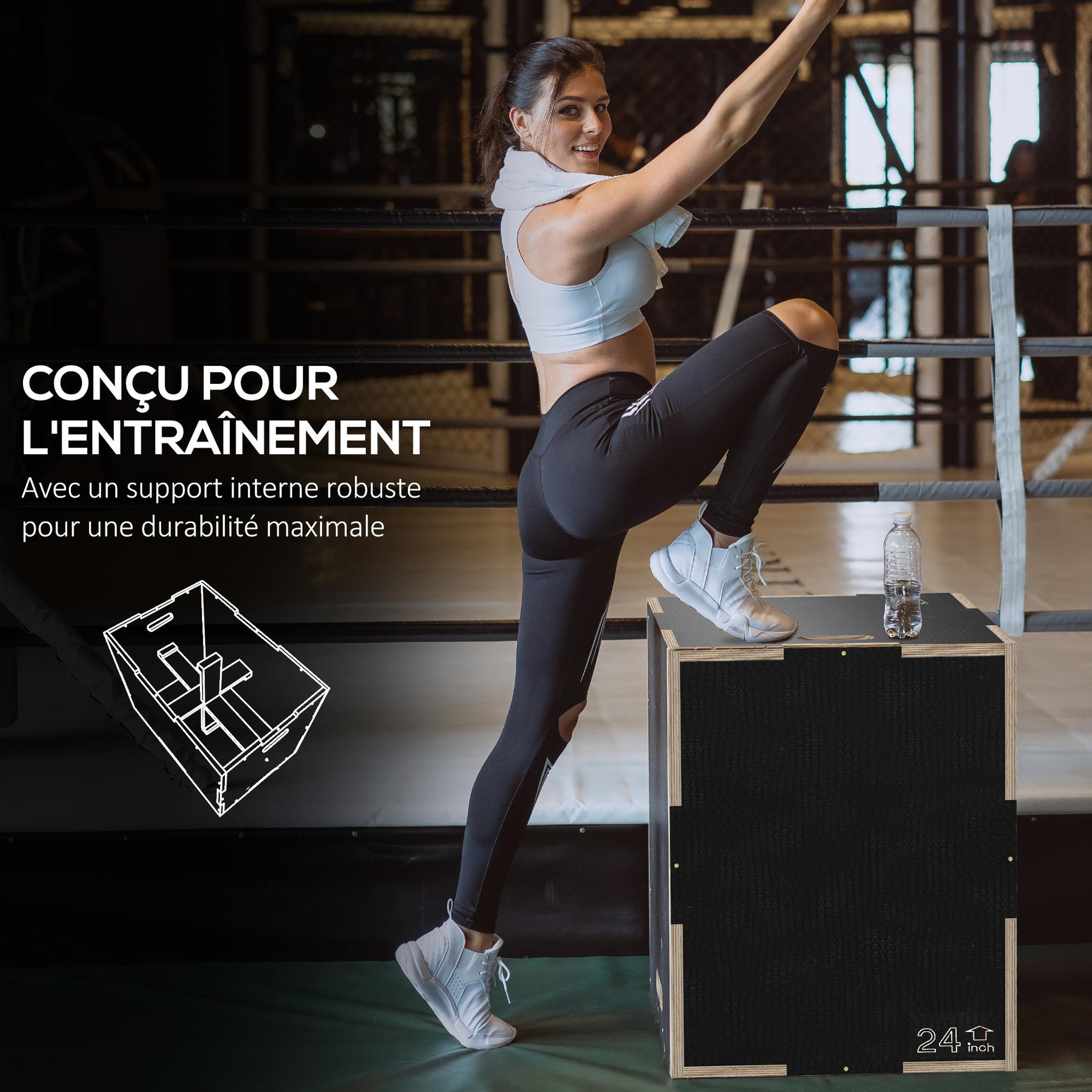 Voir la diapositive 5 : HOMCOM Box jump - box de pliométrie - boite de saut - 3 hauteurs 41/51/61H cm - charge max. 120 Kg - bois surface antidérapante noir