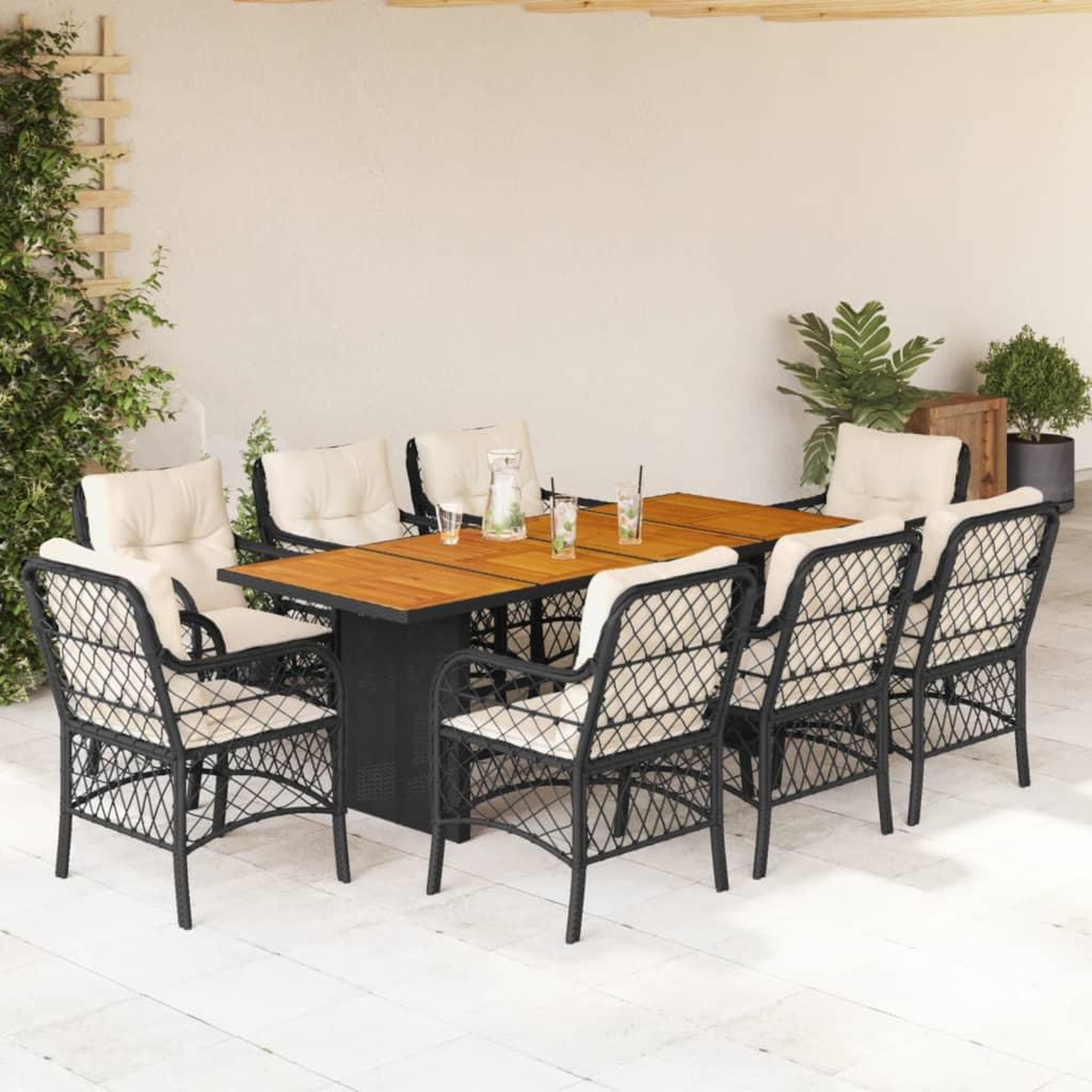 VIDAXL Ensemble a manger de jardin 9pcs coussins noir resine tressee