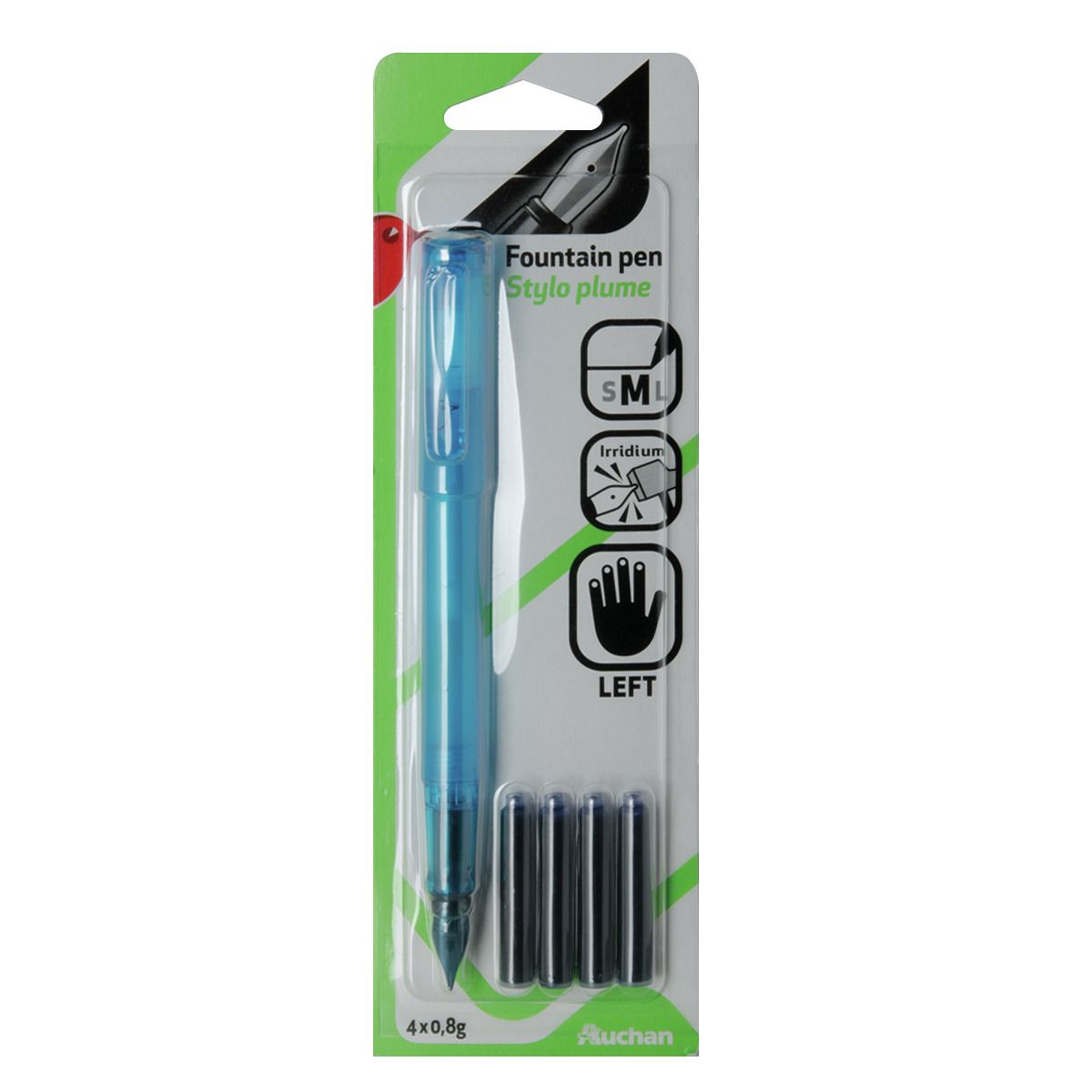 AUCHAN Stylo plume pour gaucher + 4 cartouches - bleu