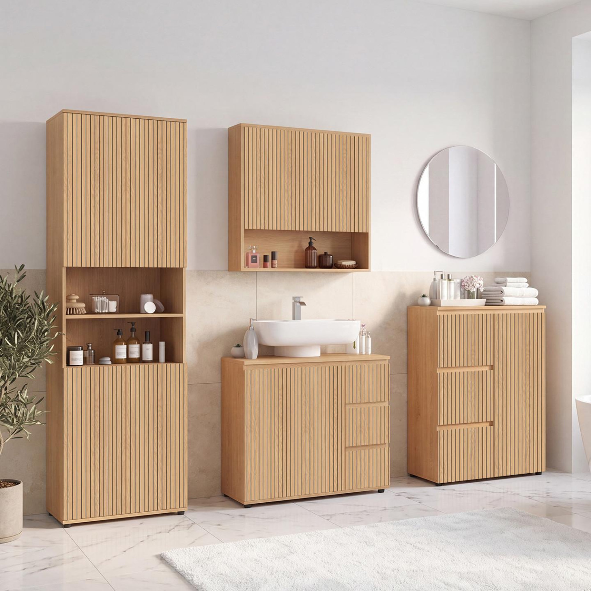 Voir la diapositive 6 : ID MARKET Meuble de rangement salle de bain victor 3 tiroirs avec placard effet lattes