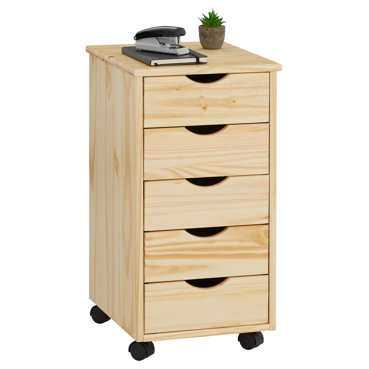 IDIMEX Caisson de bureau LAGOS meuble de rangement sur roulettes avec 5  tiroirs, en pin massif finition vernis naturel pas cher 